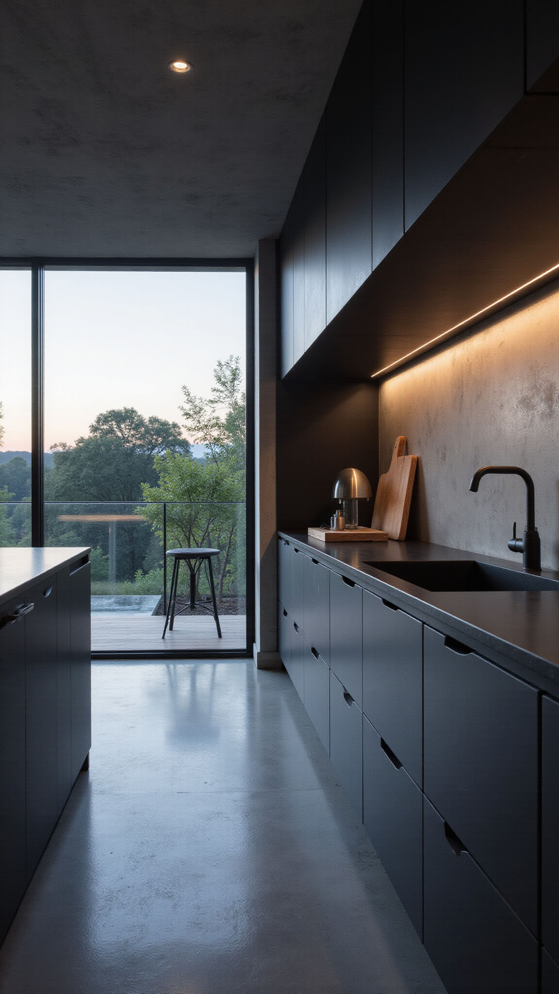 Minimalist concrete kitchen at dusk with dramatic lighting, floor-to-ceiling windows, black countertops, and textured concrete surfaces highlighted by accent lights.