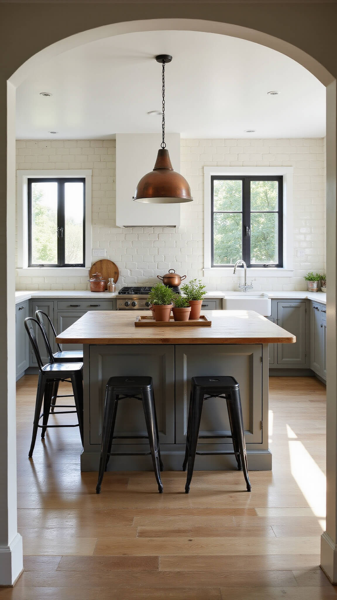Modern farmhouse kitchen with Revere Pewter lower cabinets, white uppers, butcher block island, black metal stools, subway tile backsplash, and sunlight streaming through black-framed windows.