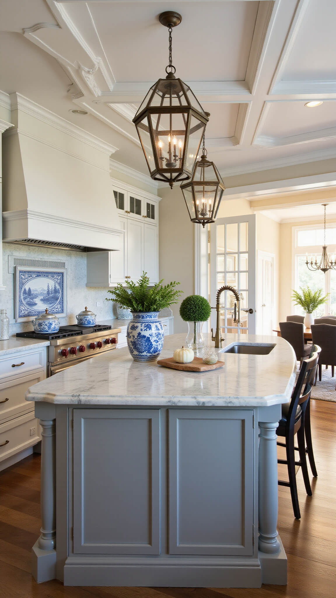 Elegant traditional kitchen with Revere Pewter island, white cabinets, coffered ceiling, bronze lanterns, veined marble countertops, and golden hour lighting through French doors; styled with blue-and-white chinoiserie, crystal decanters, and topiaries.