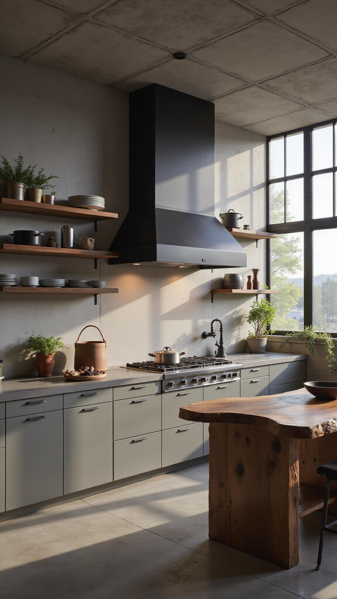 Industrial-modern kitchen with concrete ceiling, warm gray cabinets, steel windows, and live edge wood island lit by late afternoon sun.