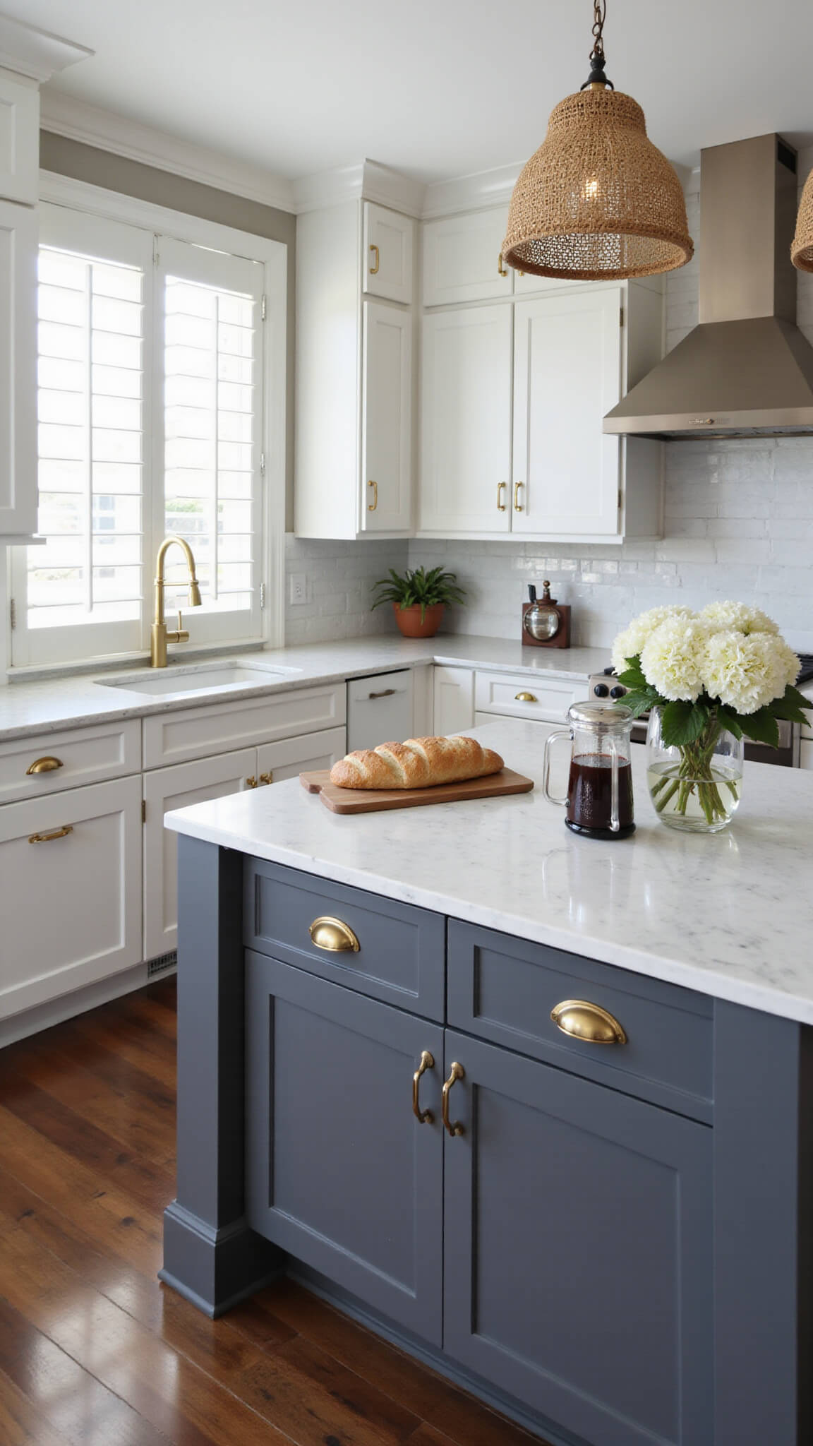 L-shaped kitchen with two-tone grey cabinets, white marble-look quartz counters, gold hardware, woven pendant lights, and morning light through plantation shutters.