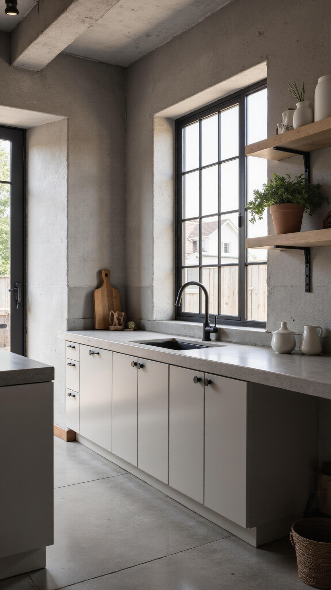 Scandinavian industrial kitchen with dove gray cabinets, concrete surfaces, black metal windows, and warm afternoon lighting casting long shadows.