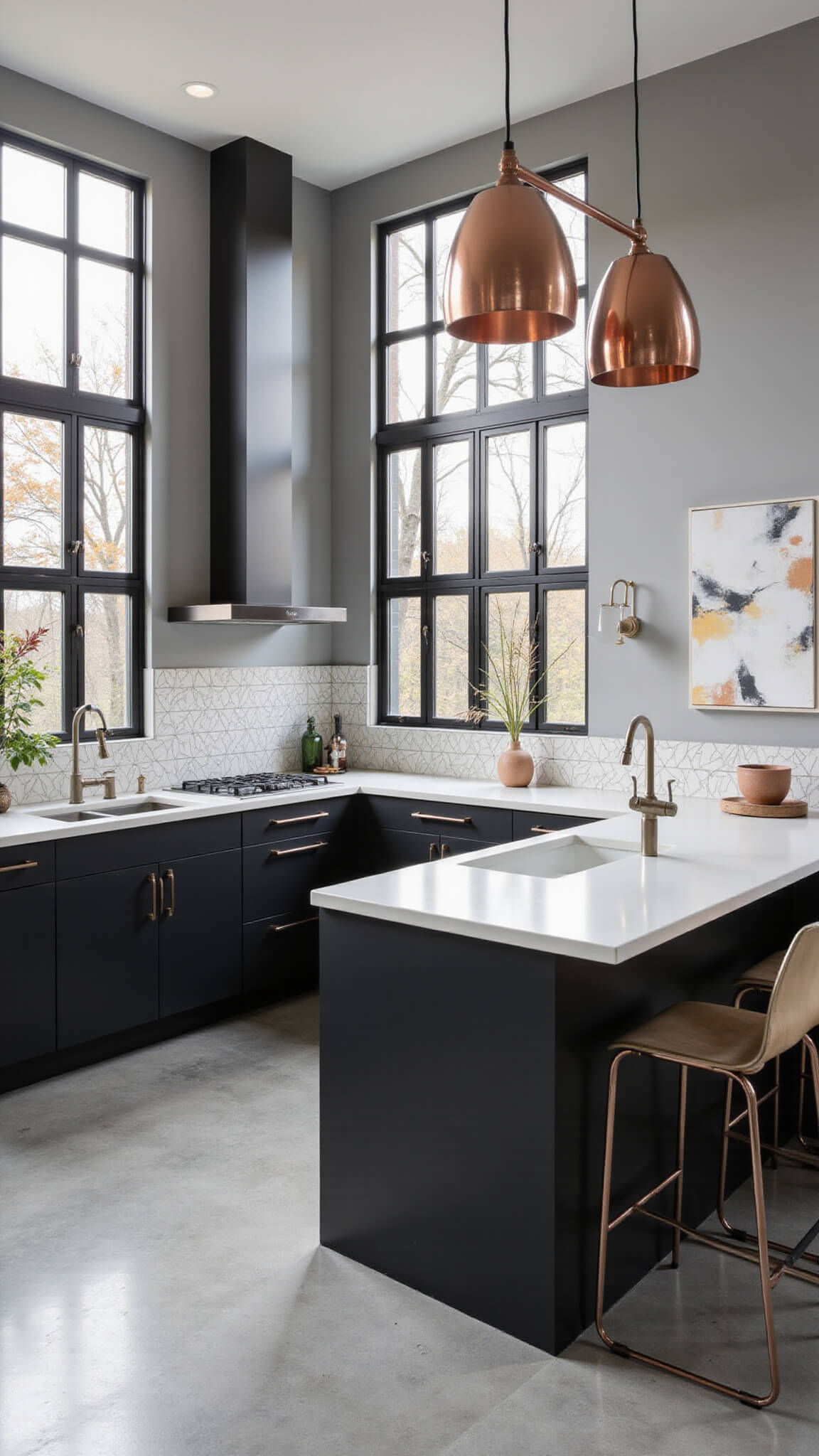 L-shaped urban contemporary kitchen with matte black cabinets, white quartz countertops, copper accents, and geometric tile backsplash, viewed from above in afternoon light.
