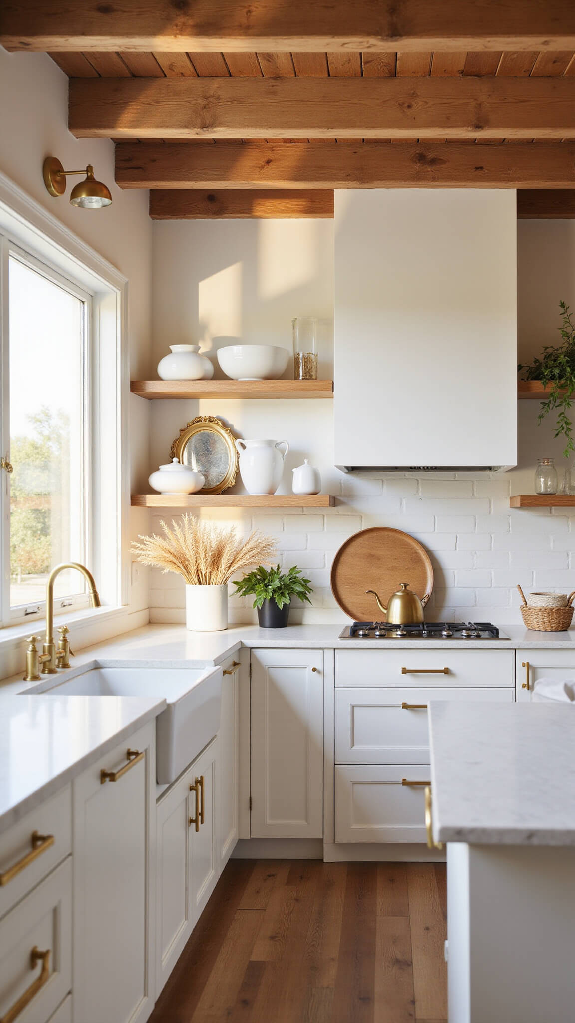 Modern farmhouse kitchen with white slab cabinets, gold hardware, exposed wooden beams, and warm golden sunlight shining through windows at magic hour.