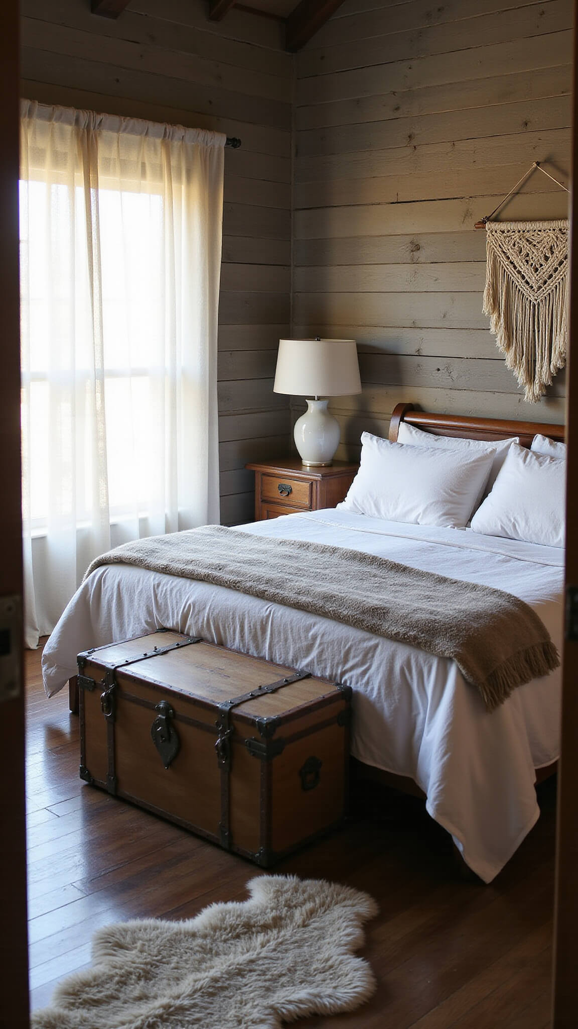 Cozy cabin bedroom at dawn with soft morning light on a rumpled king bed, faux fur throws, reclaimed wood walls, and vintage decor.