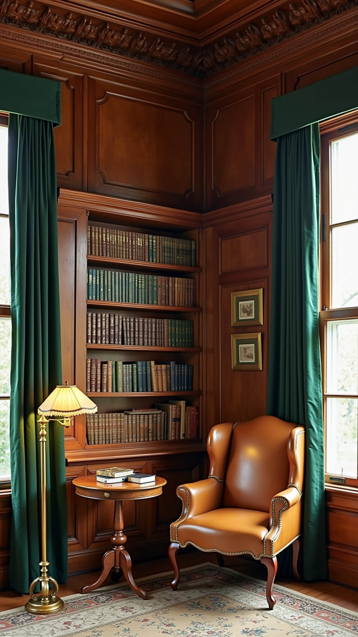 Victorian heritage study with walnut paneling, leather wingback chair, brass lamp, and floor-to-ceiling bookshelves in morning light.