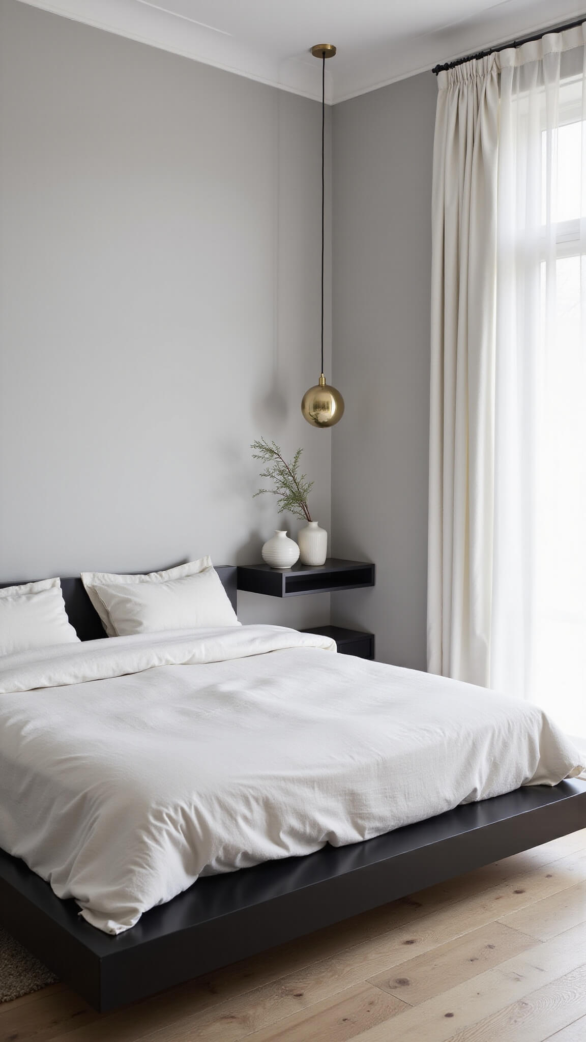 Minimalist 12x14ft bedroom at dawn with soft morning light, matte black platform bed, white linen bedding, sheer curtains, pendant light, pale oak floor, and ceramic vessels on wall shelf.