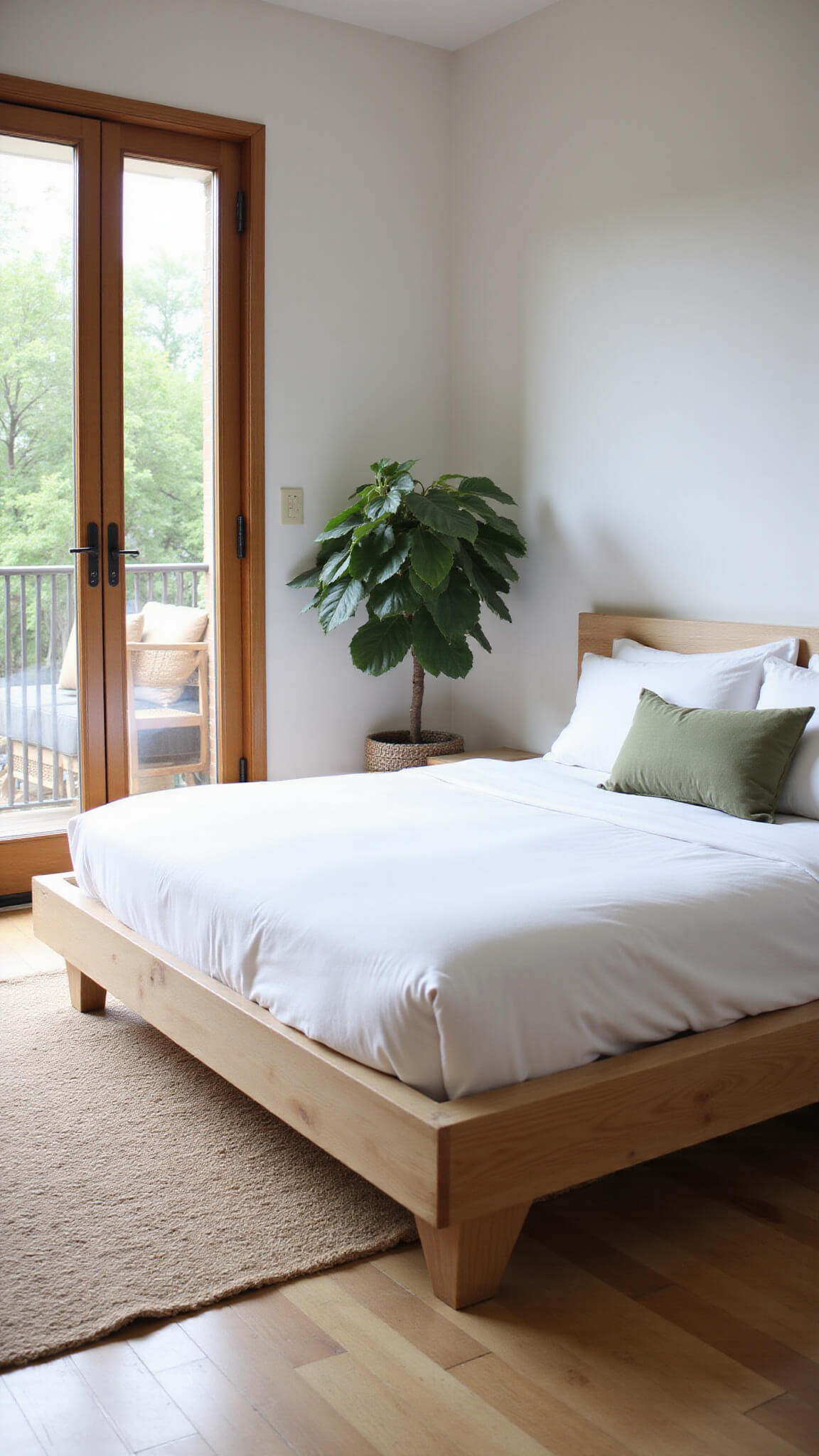 Minimalist summer bedroom with low-profile ash wood bed, white bedding, sage accent pillow, fiddle leaf fig, jute rug, and morning light through glass doors.