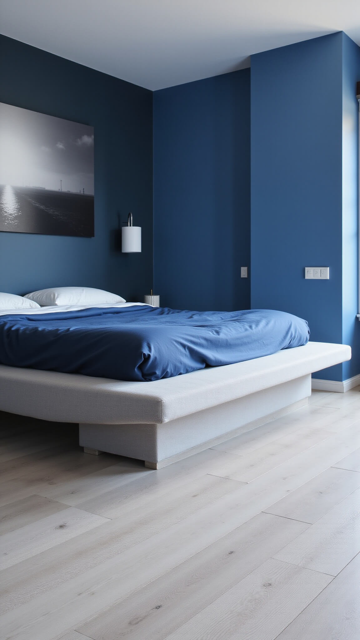 Modern 12x14ft bedroom with blue gradient tones, white oak flooring, monochromatic blue bedding, and a black and white photo, shot at blue hour with soft natural light.