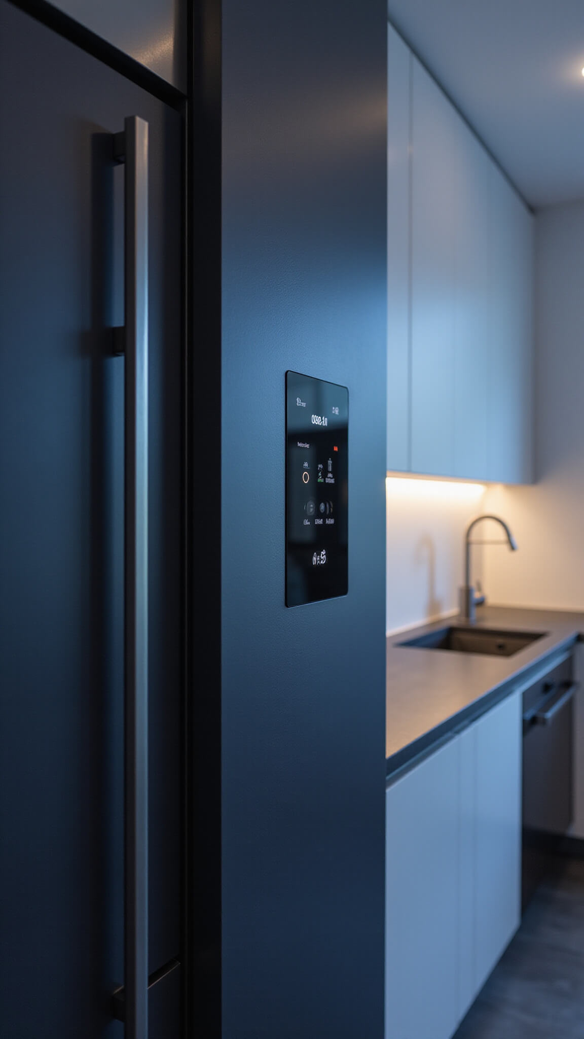 Close-up of smart kitchen featuring matte black smart fridge with digital display, touch-sensitive cabinets, and voice-activated brushed nickel faucet under cool evening and warm LED lighting.