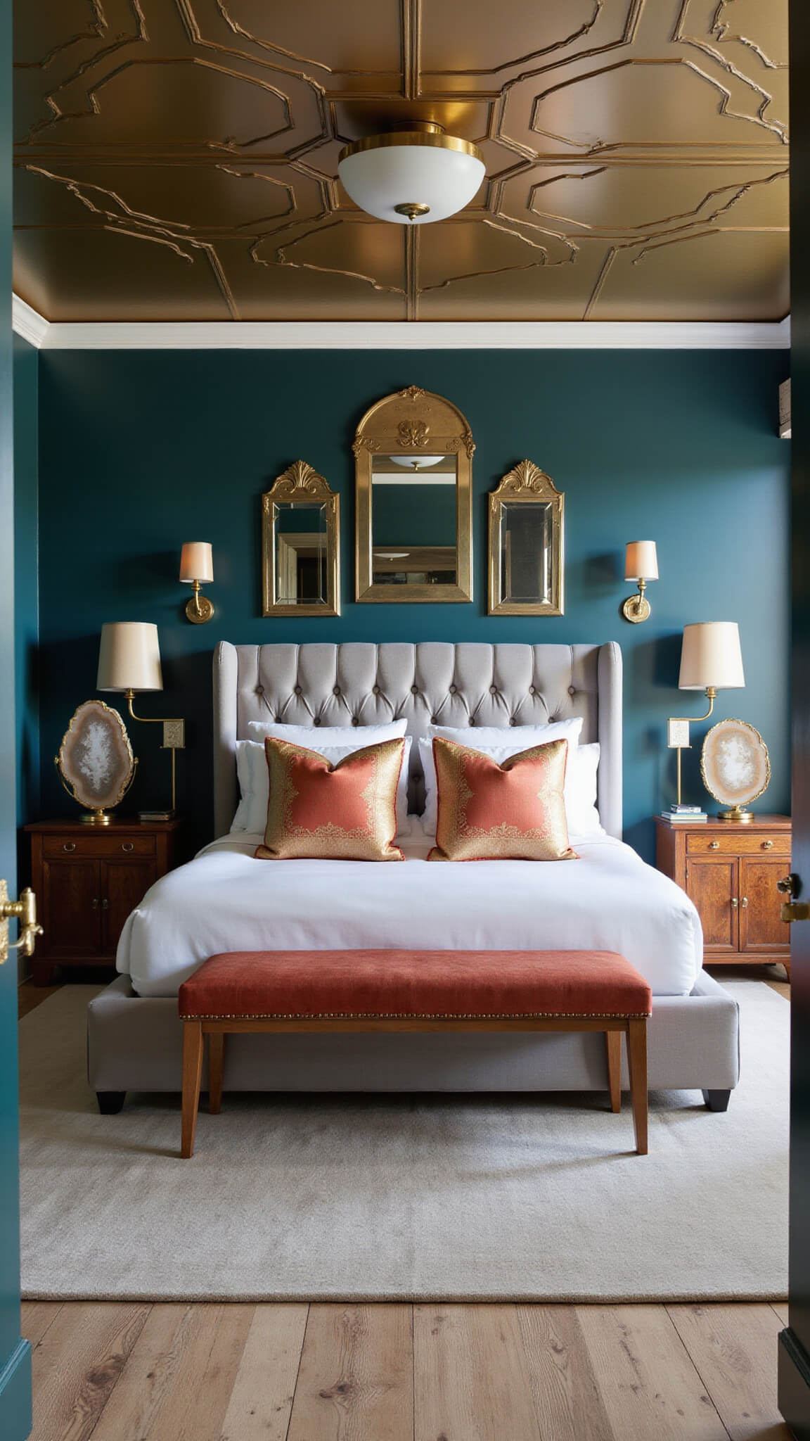 Art Deco bedroom with dark teal walls, bronze geometric ceiling, pearl grey velvet bed, vintage brass mirrors, coral and gold pillows, and burl wood nightstands with agate lamps.