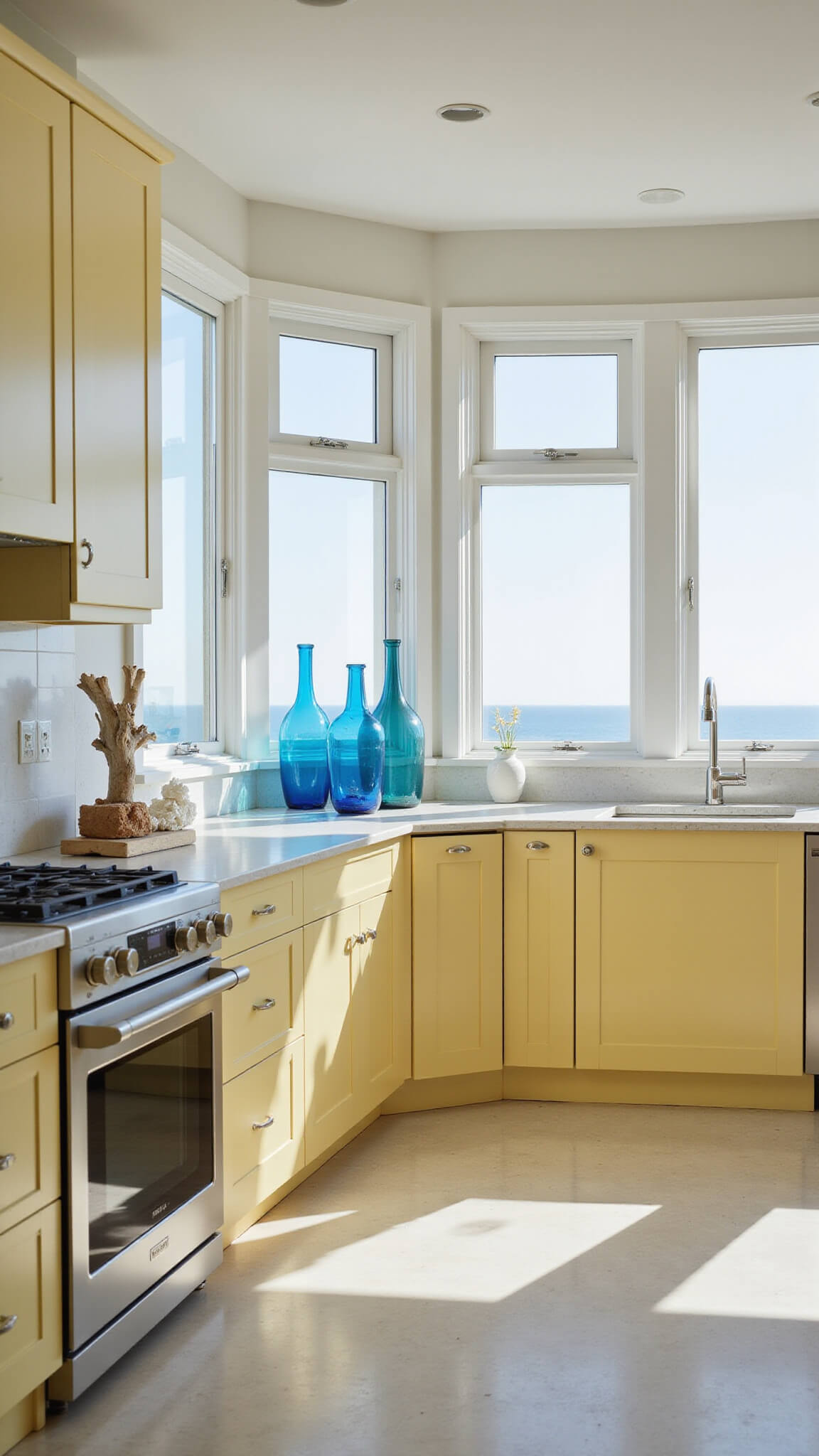 Contemporary coastal kitchen with soft yellow cabinets, white marble backsplash, ocean-view corner windows, chrome appliances, and maritime décor.