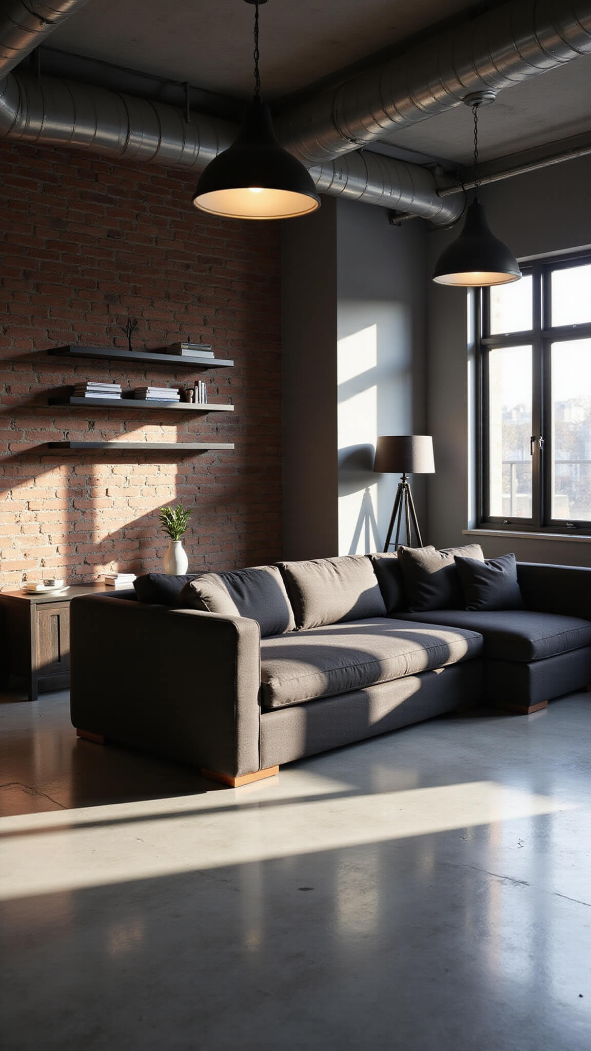Modern industrial chic basement with exposed ductwork, concrete floors, and moody afternoon lighting; features a charcoal sectional, brick accent wall with metal shelves, and steel room divider.