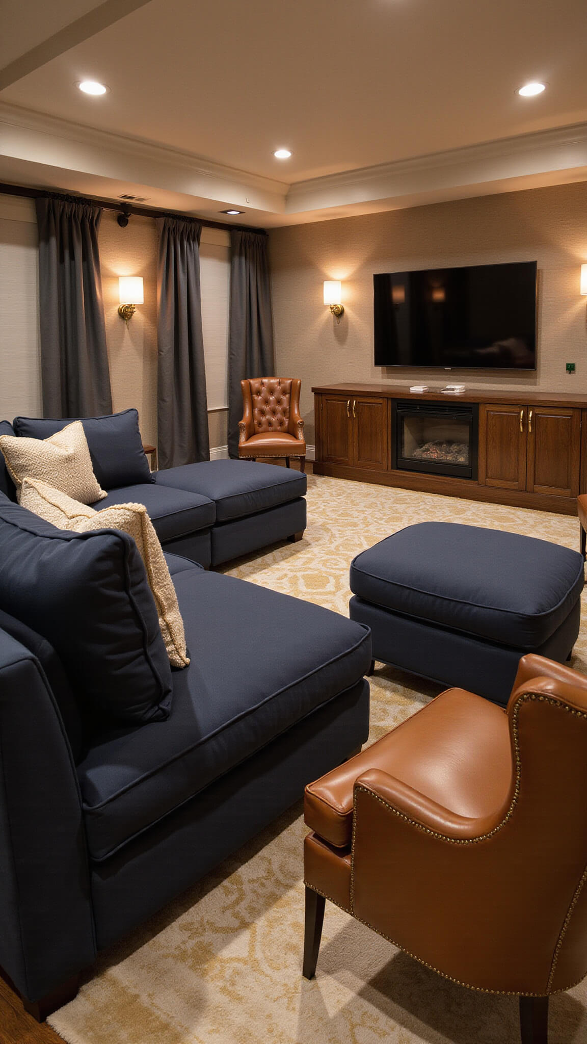 Cozy 600 sq ft basement media room with navy L-shaped sectional, 85-inch TV on grasscloth wall, walnut media cabinet, vintage leather chairs by gas fireplace, and warm ambient lighting.