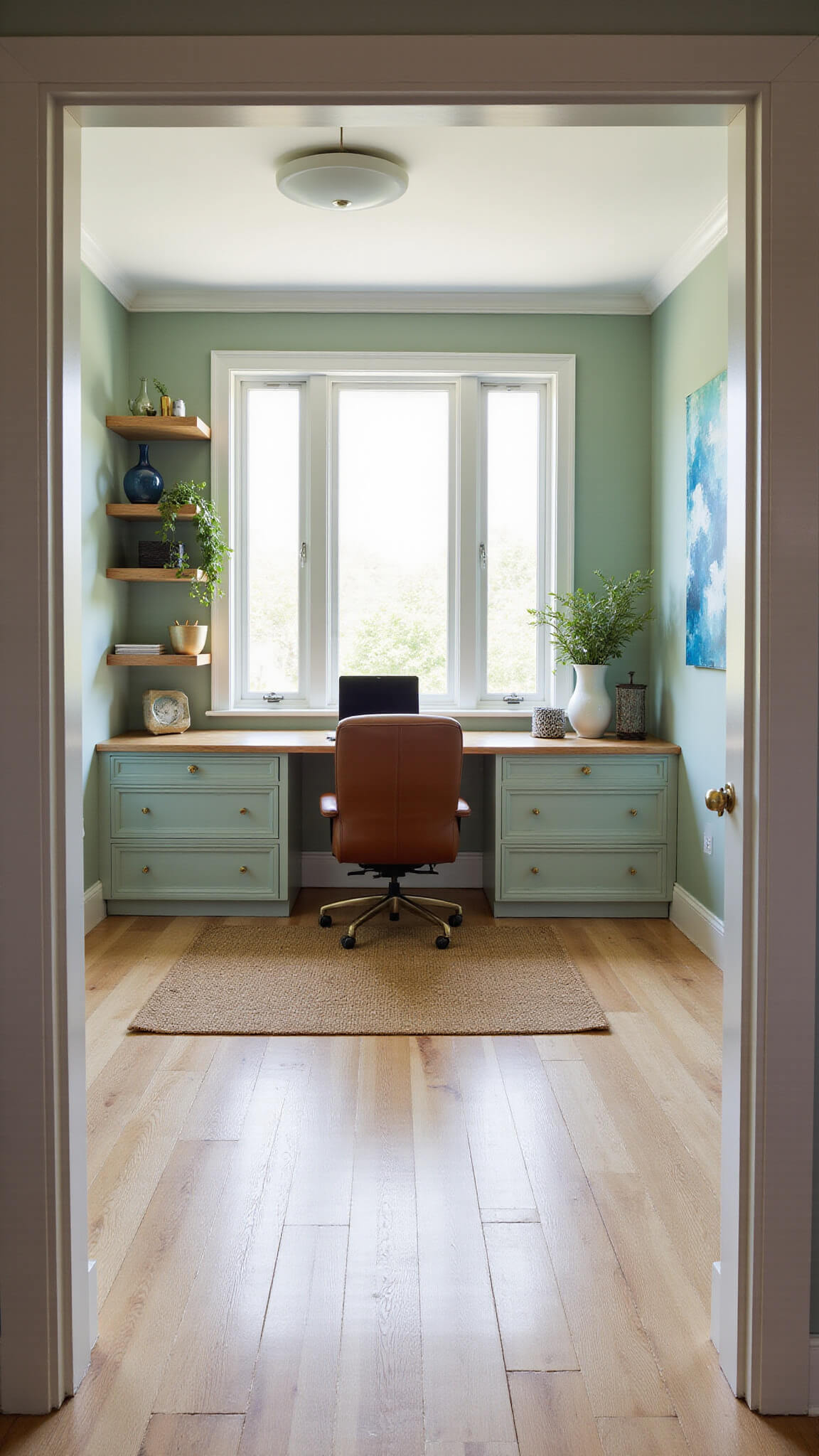 Sunlit basement home office with sage green walls, white oak floors, built-in desk, leather chair, floating shelves, abstract art, and jute rug.