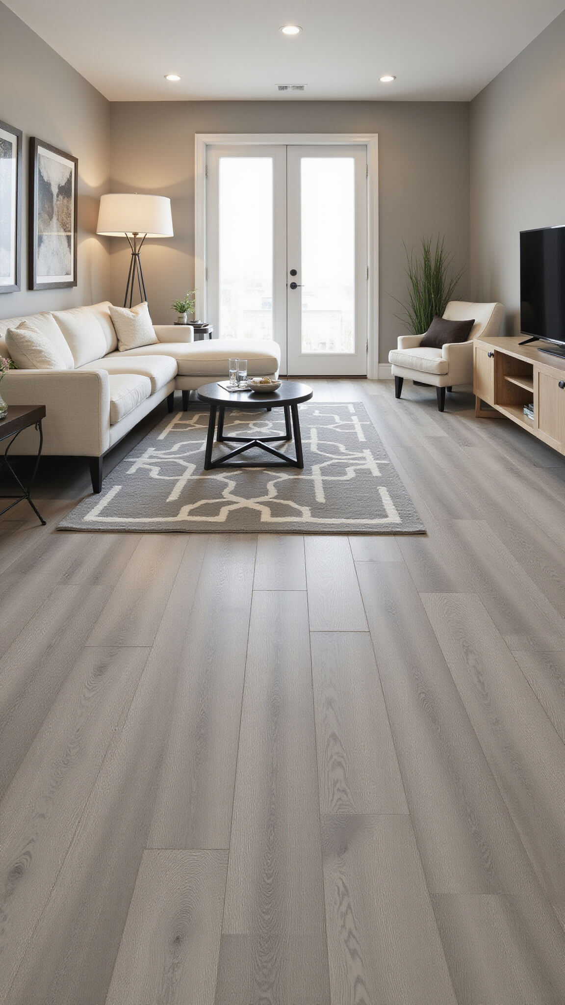 Contemporary 700 sq ft basement with gray-washed wide-plank LVP flooring, cream bouclé sectional, black metal coffee table, geometric rug, blonde wood floating entertainment unit, and walkout door lighting.