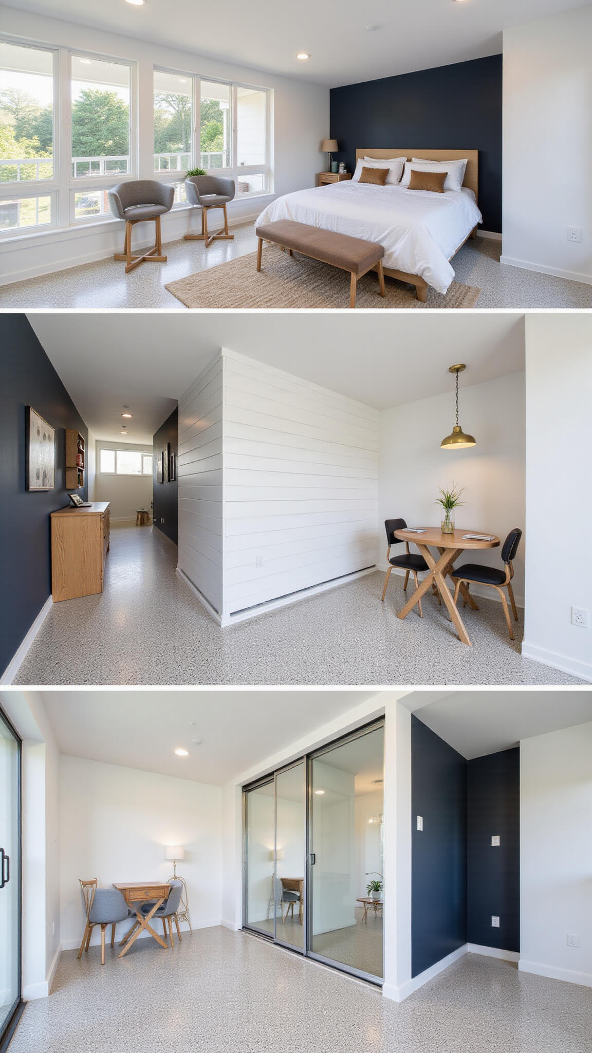 Multi-functional 750 sq ft basement with modular zones, navy accent wall, frosted windows, convertible dining/workspace, Murphy bed in shiplap wall, brass lighting, terrazzo-look tile, and rolling glass partition.