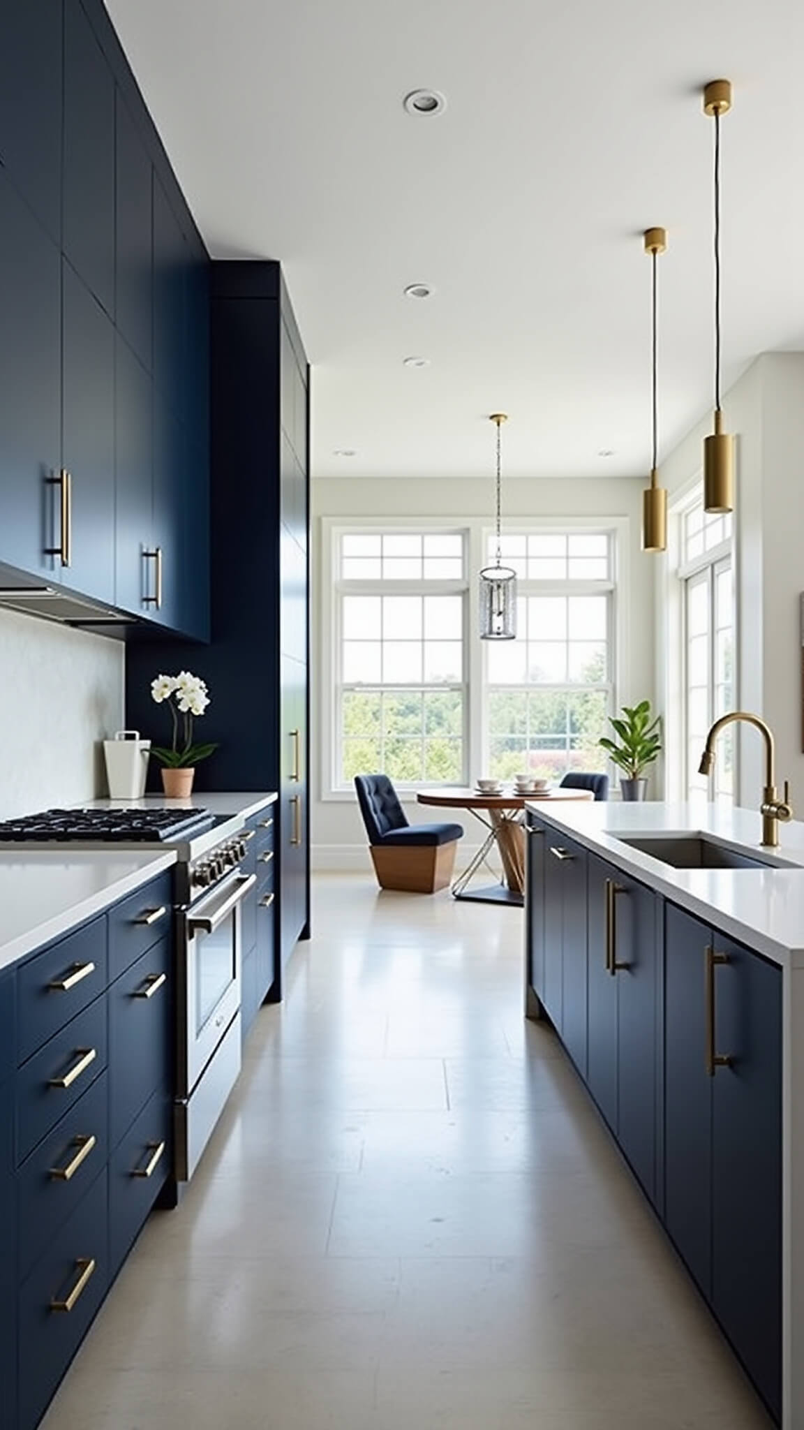 Modern minimalist kitchen with Hale Navy cabinets, white quartz waterfall island, gold accents, and floor-to-ceiling windows letting in morning light.