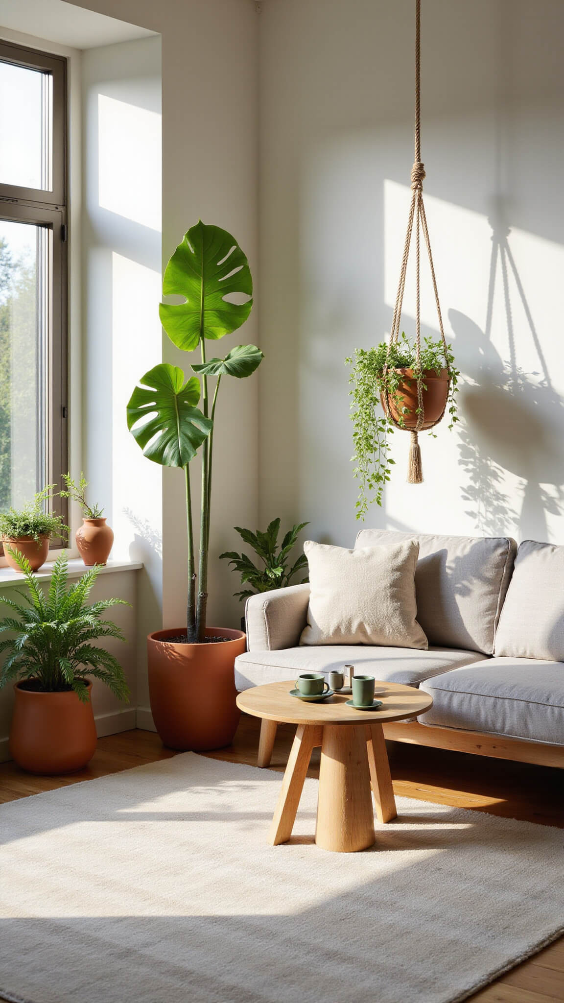 Minimalist sunlit living room with large west-facing windows, gray linen sofa, terracotta planters, and lush green plants including a tall Fiddle Leaf Fig and trailing pothos.