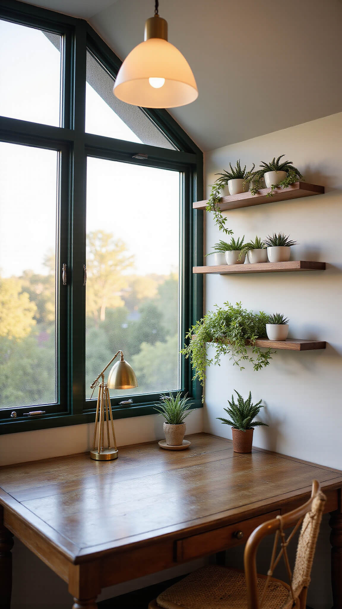Cozy 8x10ft home office nook with vintage wooden desk, rattan chair, air plants in brass holders, and succulents on floating shelves, bathed in golden hour light.