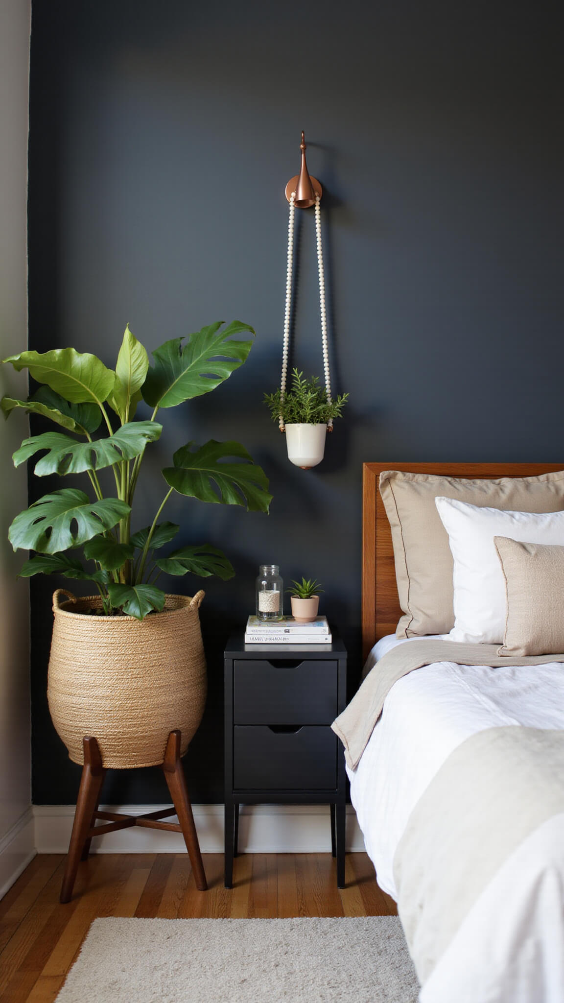 Modern bedroom corner at dawn with tall monstera in woven basket, mid-century bedside table, trailing string of pearls, charcoal walls, oatmeal linen bedding, and soft morning light.