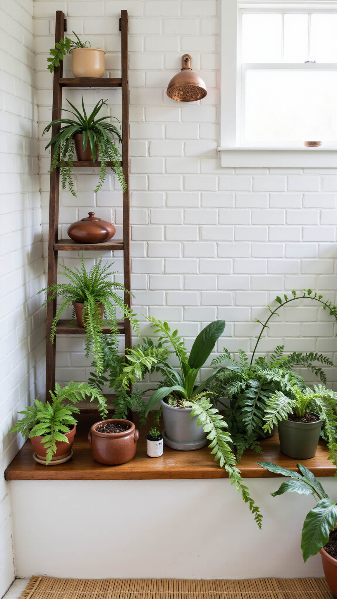 Cozy 6x8ft bathroom with white subway tiles, lush ferns and orchids on a vintage ladder shelf, copper mister, earthenware vessels, bamboo mat, and soft steam in afternoon light.