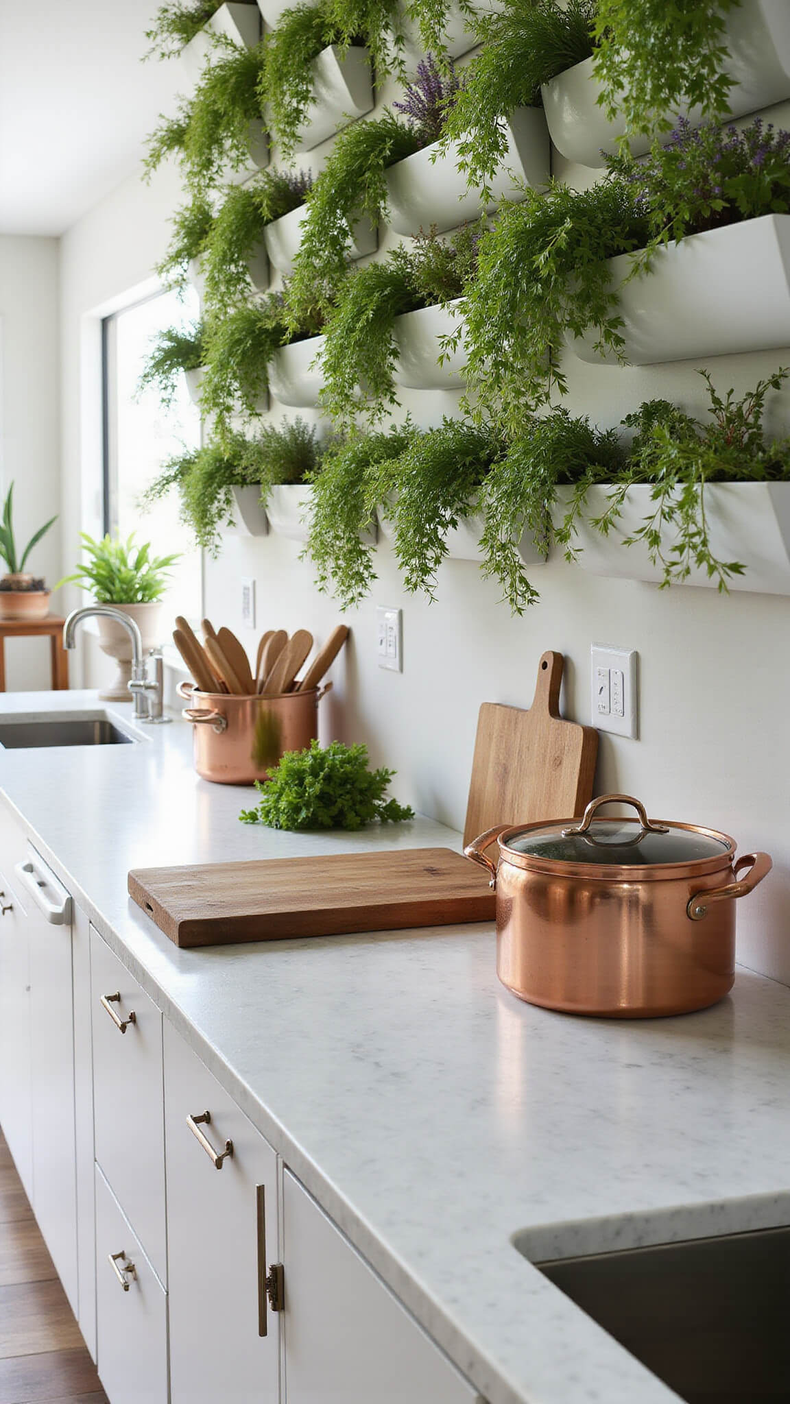 Open concept kitchen with a dramatic herb-filled living wall, marble countertops, copper cookware, and morning light highlighting green vines in white planters.