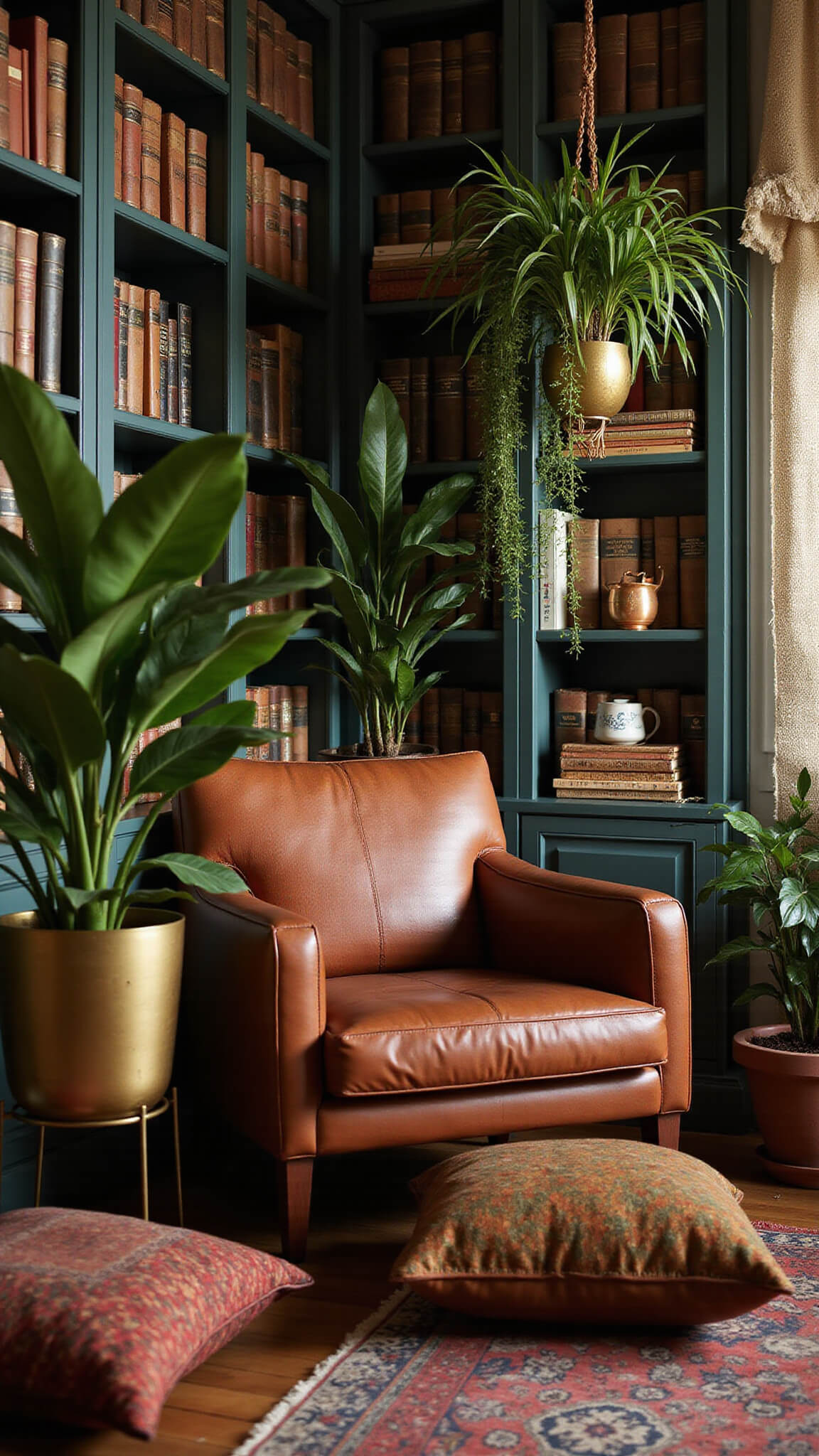 Bohemian 10x12ft reading nook with floor-to-ceiling bookshelves, vintage leather armchair, snake plants in brass planters, Moroccan cushions, hanging air plants, and warm LED lighting at twilight.