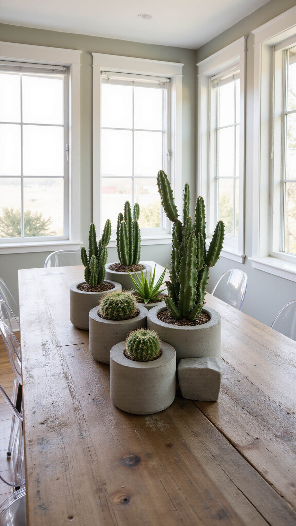 High-angle view of a contemporary 12x15ft dining space with morning light streaming through large windows, illuminating a reclaimed wood table decorated with varied-height cacti and succulents in modern concrete planters, surrounded by transparent ghost chairs.