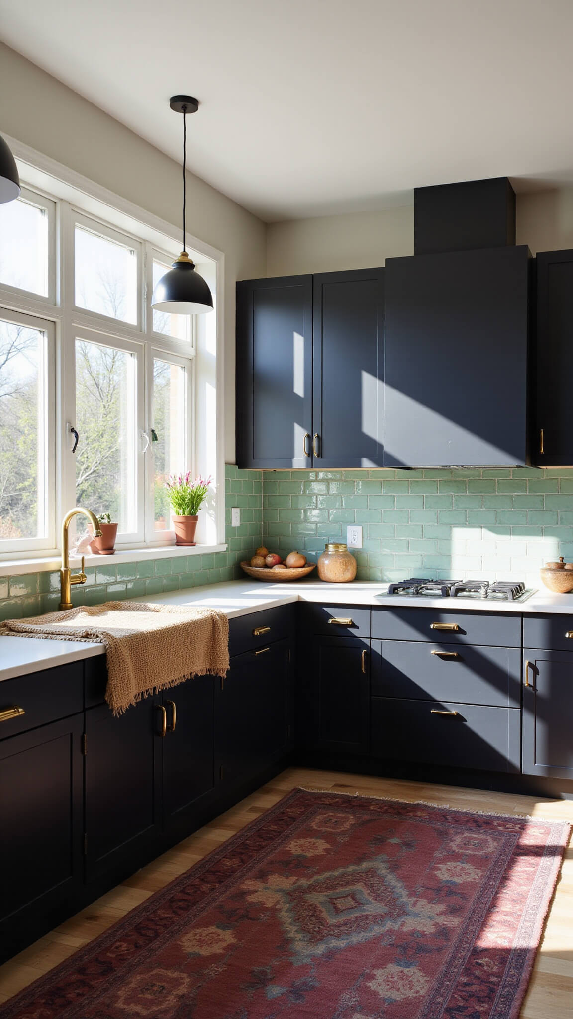 Modern L-shaped kitchen with matte black cabinets, sage green ceramic tile backsplash, checkerboard floors, and mid-morning sunlight casting shadows through large windows.