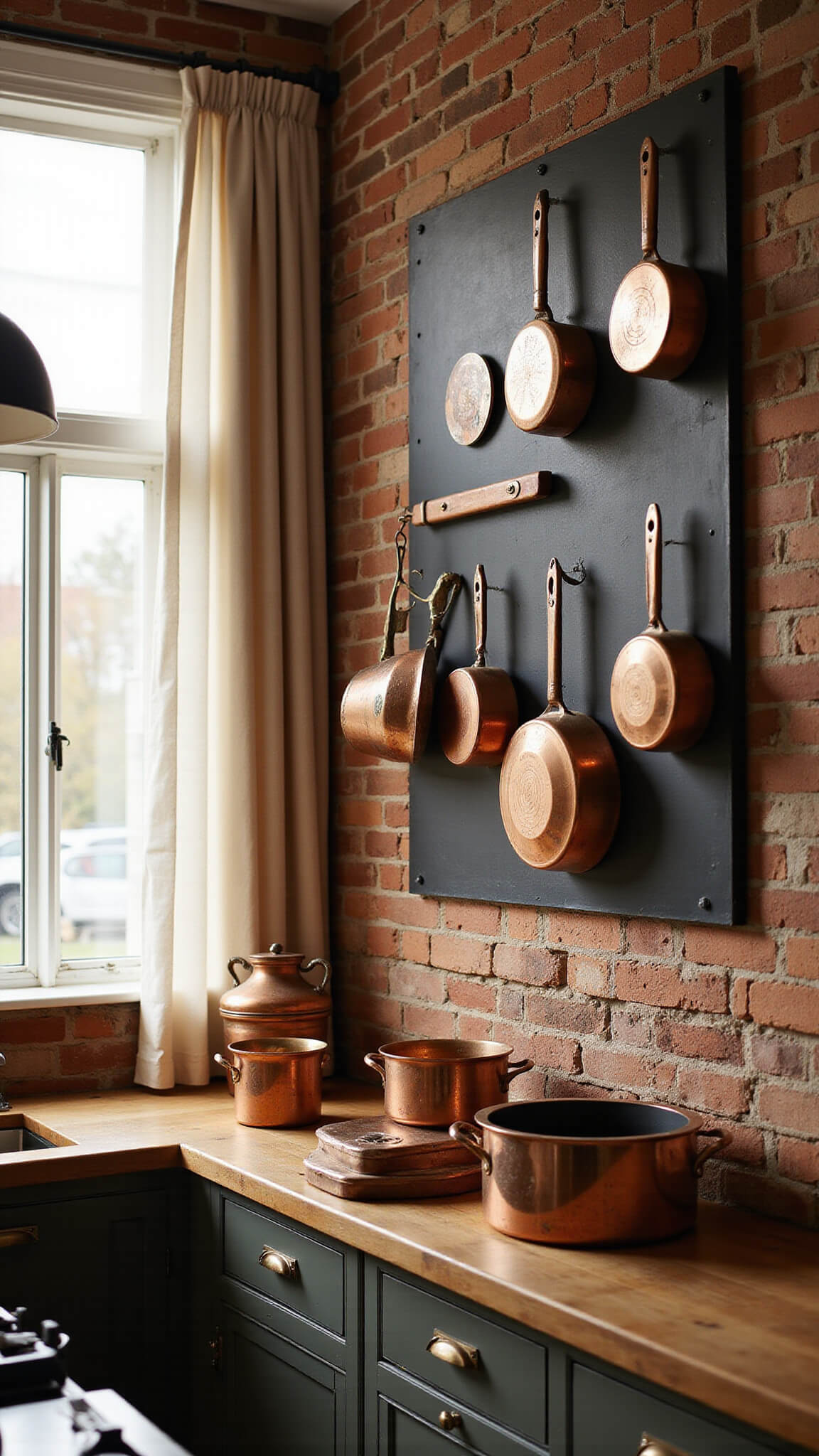 Eye-level view of a warm, rustic kitchen with a 10ft exposed brick wall featuring copper cookware, vintage enamel signs, and a matte black industrial pegboard, bathed in soft afternoon light filtering through linen curtains.