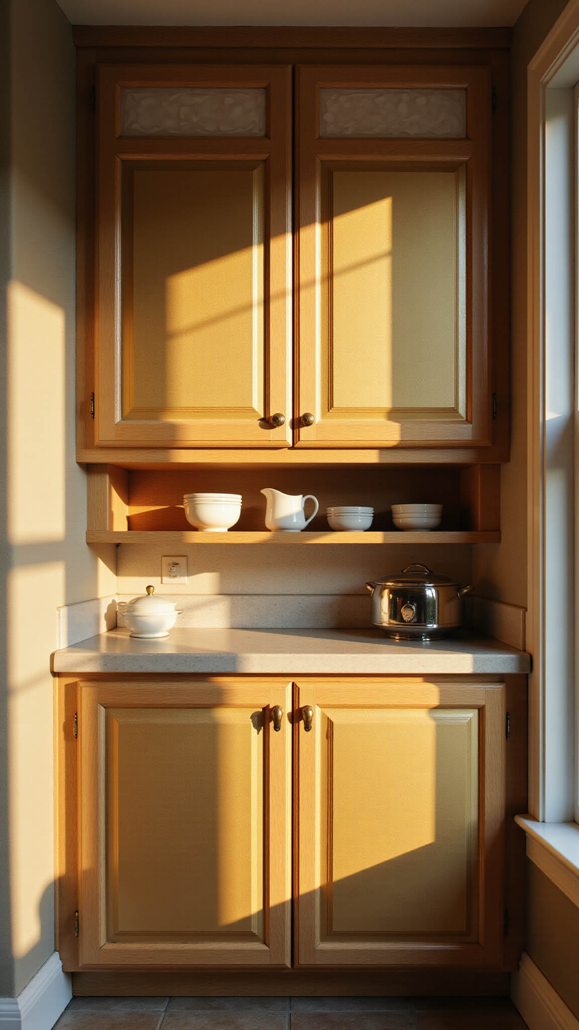 Kitchen cabinets transformed with reeded glass uppers and brushed gold lowers, styled with white ceramics and brass accents, glowing in golden hour light.