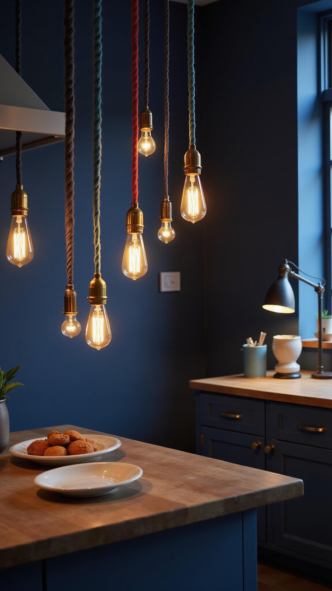 Moody evening kitchen with Edison bulb pendants, under-cabinet LEDs, and ceramic table lamps casting layered lighting in a cool-toned 16x20ft space.