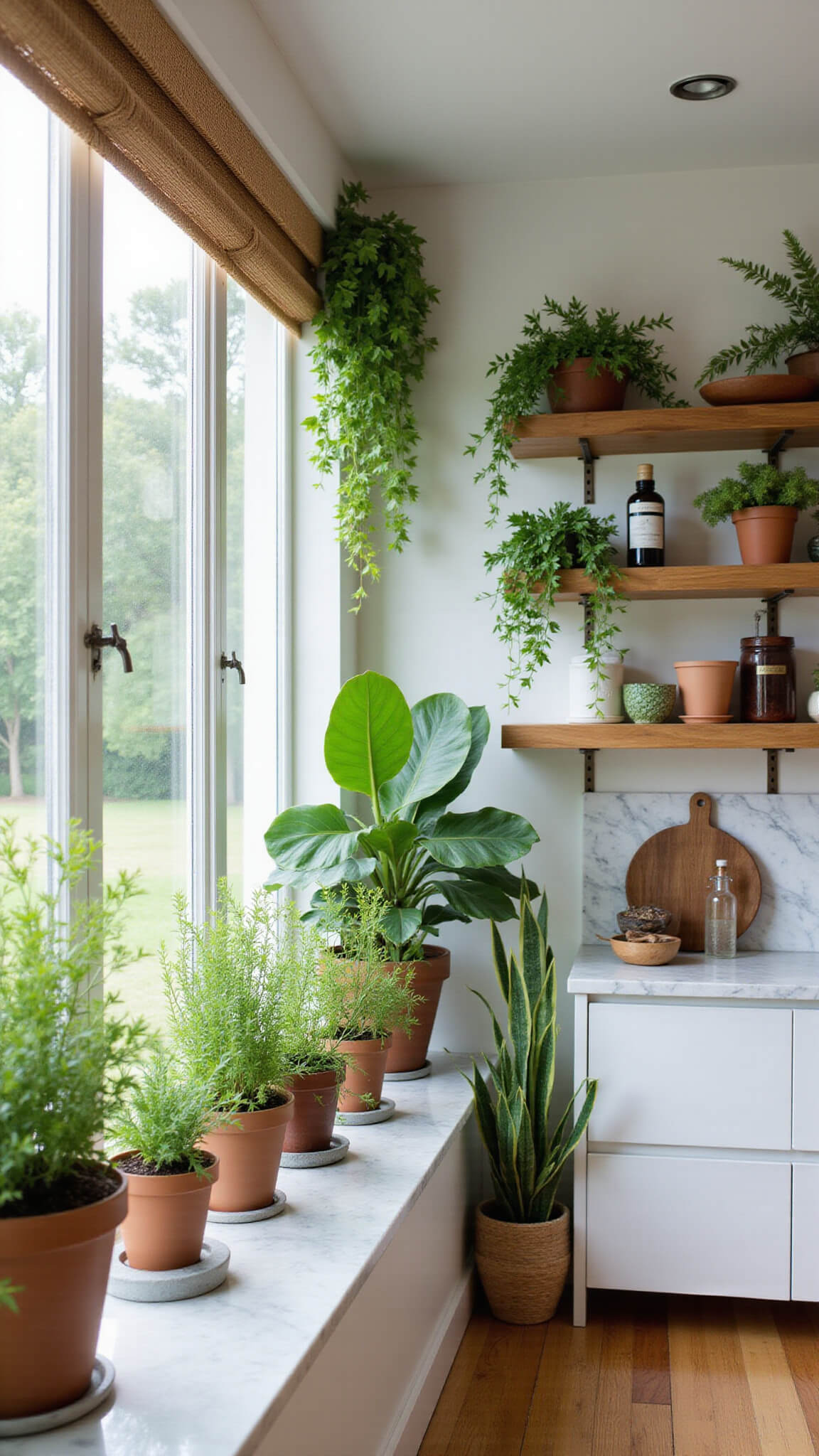 Bright white kitchen with floor-to-ceiling windows, trailing plants on floating shelves, thriving herb garden on marble sill, oversized palm in corner, and natural bamboo and teak accents.