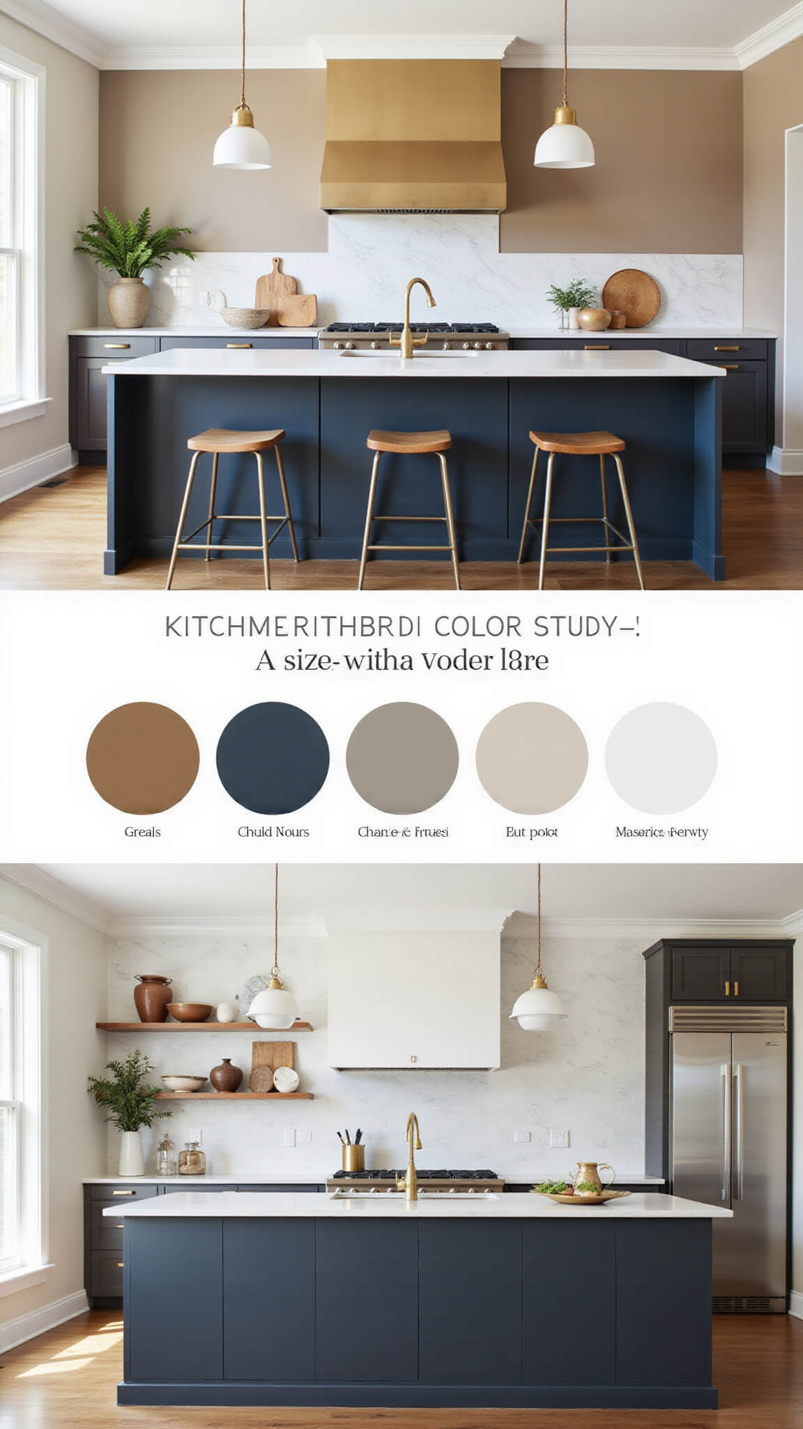 Contemporary kitchen with warm greige walls, charcoal cabinets, deep navy island, brass accents, marble backsplash, and copper accessories.