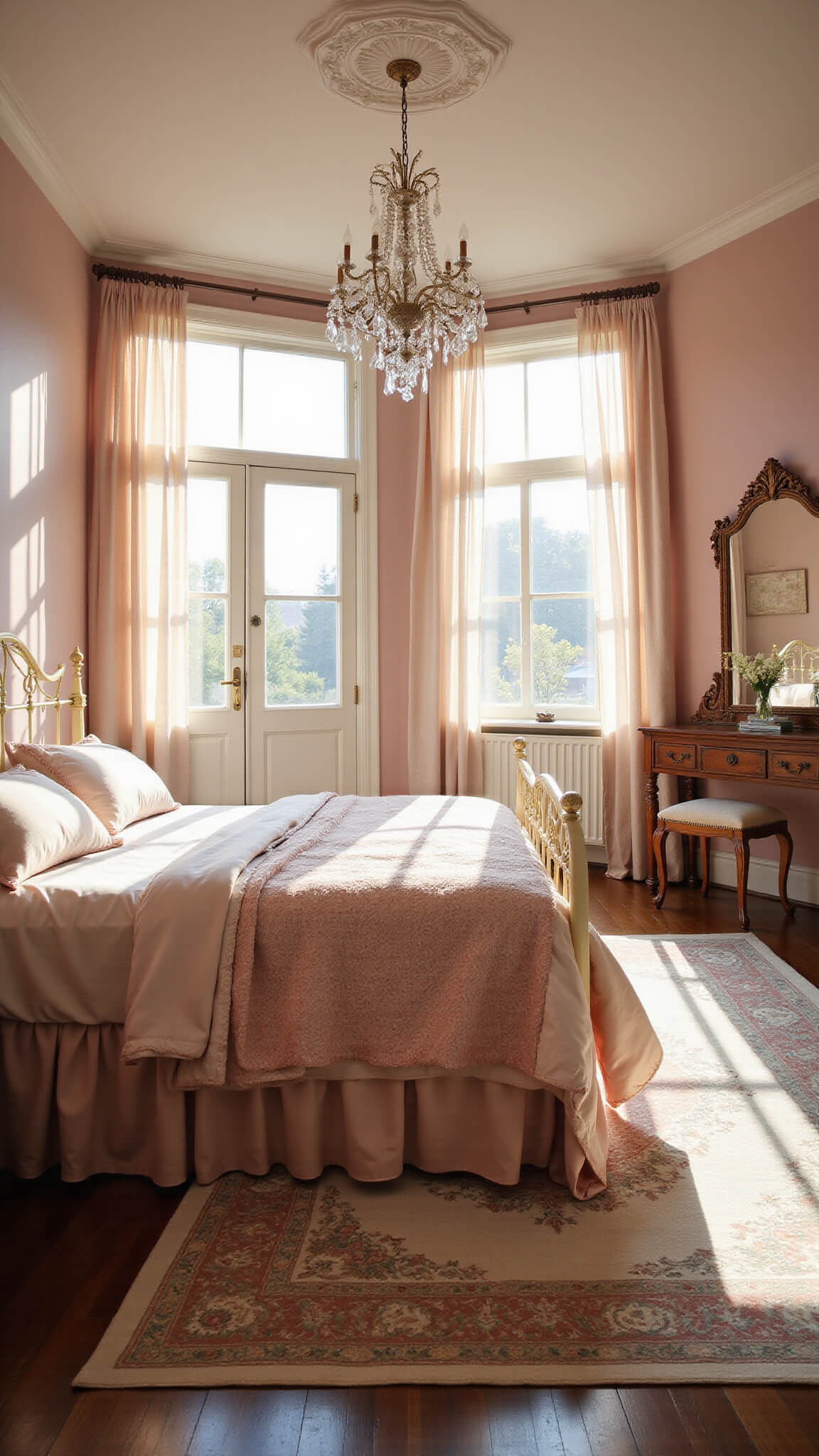 Romantic vintage boudoir with blush silk bedding, ornate iron bed, chandelier, and warm sunlight through French windows.