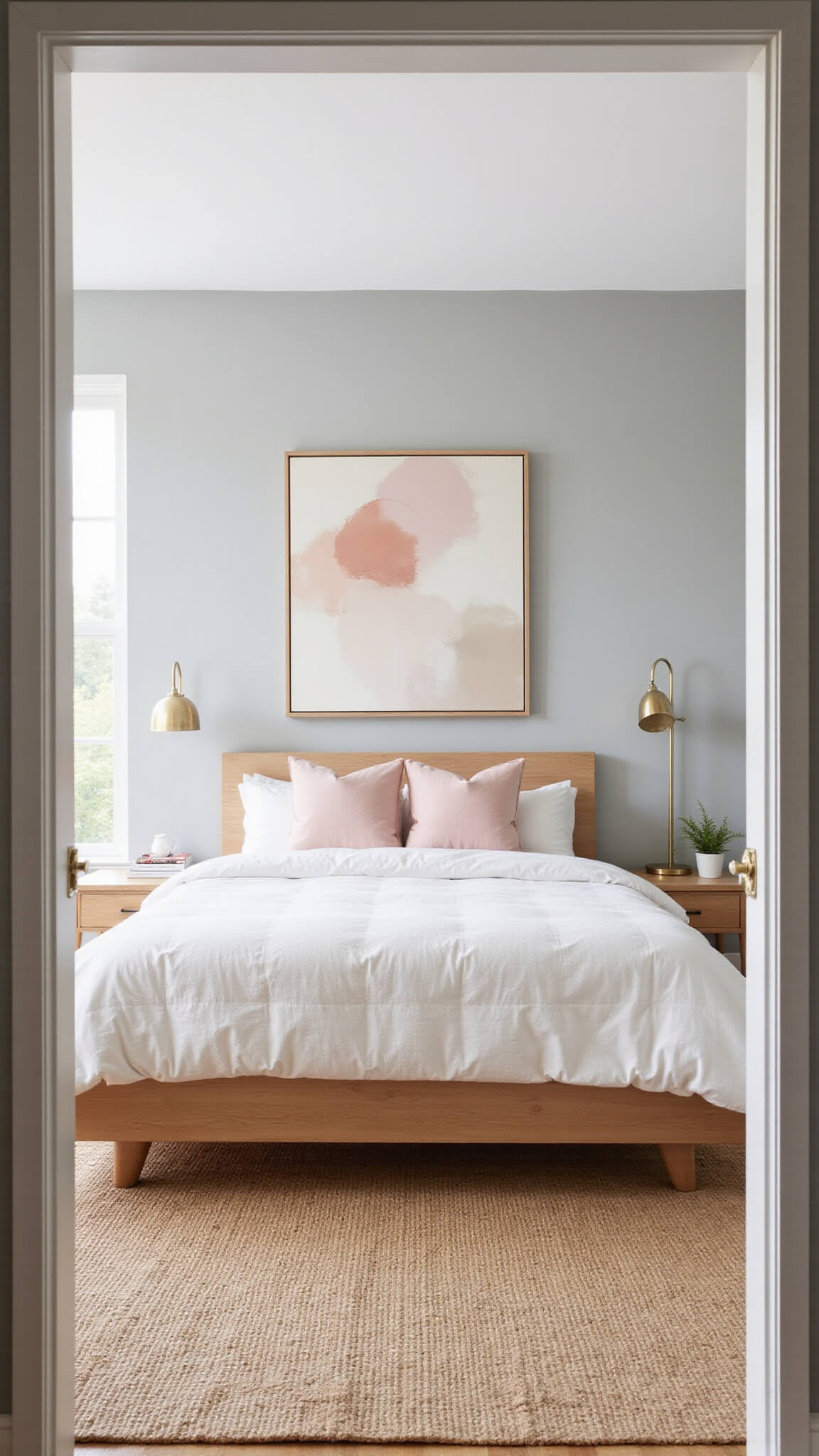 Modern minimalist bedroom with warm oak platform bed, white linens, blush accents, abstract art, brass lamp, and jute rug in natural morning light.