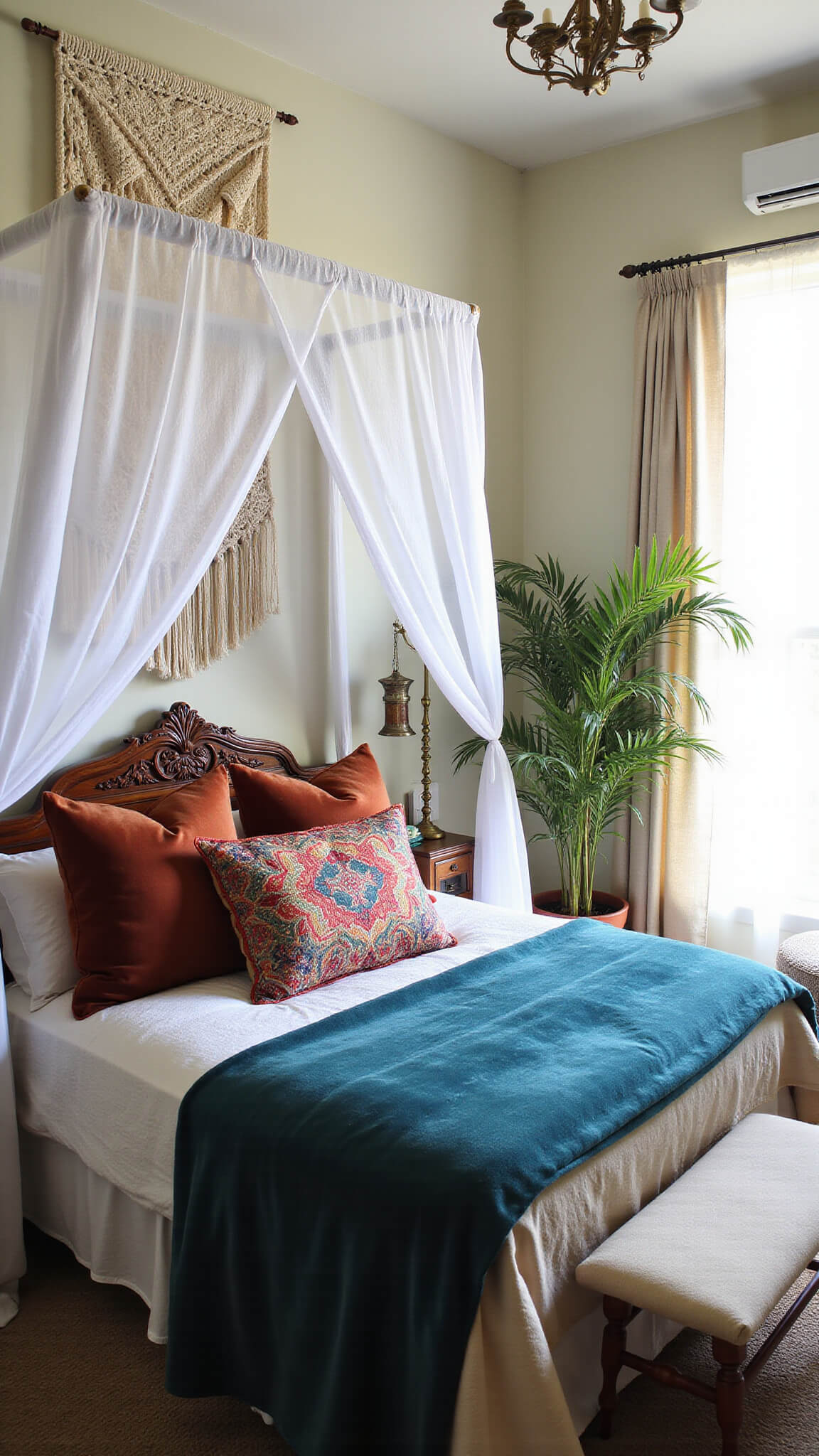 Bohemian corner bedroom with canopy bed, white curtains, jewel-toned pillows, Moroccan blankets, and macramé wall hanging, lit by brass lanterns and blue hour light through bay window.
