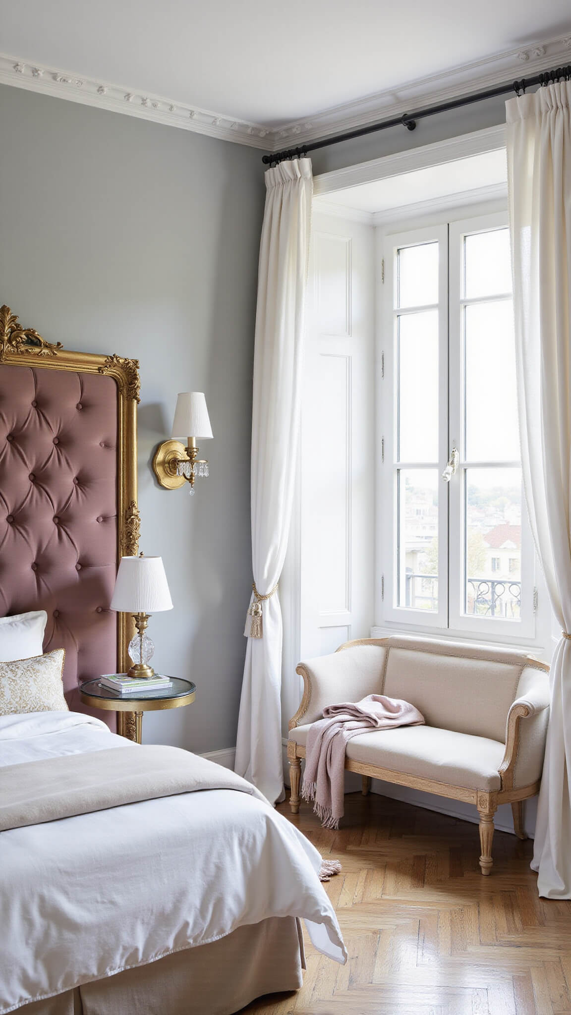 Charming Parisian bedroom with dusty rose tufted headboard, herringbone floors, crown molding, crystal sconces, gilt mirror, and soft natural light.