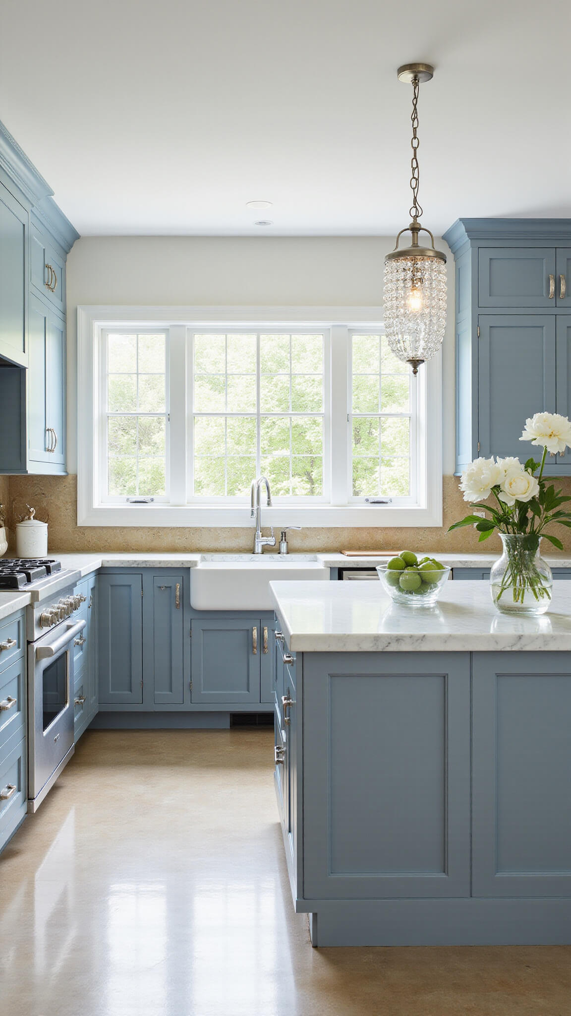 Elegant 15x18ft kitchen with dusty blue inset cabinets, white trim, Calacatta gold countertops, antique mirror backsplash, crystal chandelier, marble island, and afternoon light through Georgian windows.