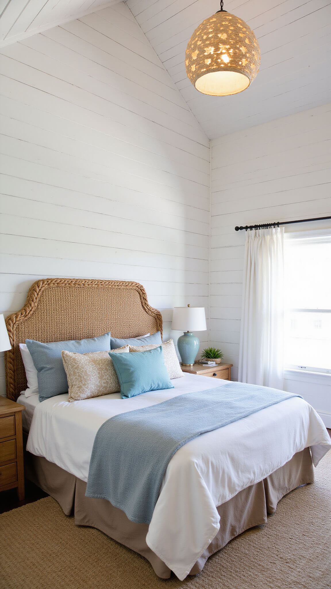 Coastal-themed airy bedroom with vaulted ceiling, king bed in oceanic tones, seagrass headboard, capiz shell chandelier, and billowing white curtains in morning light.