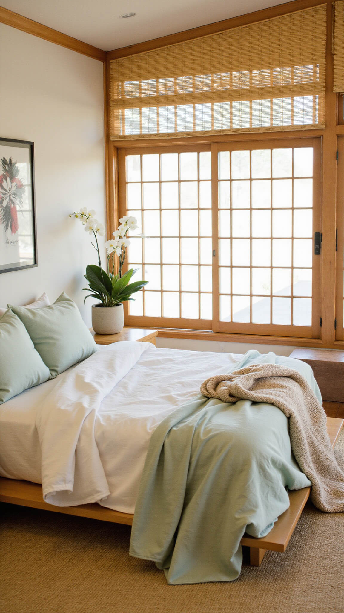Serene 12x14ft Zen feminine retreat with low platform bed, soft organic linens, shoji screens, orchid, abstract ink painting, bamboo blinds, and tatami mat in early morning light.