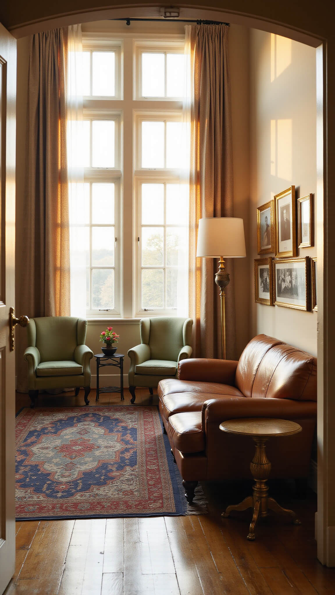 Elegant sunlit living room with Georgian windows, Chesterfield sofa, velvet chairs, Persian rug, and framed family photos.