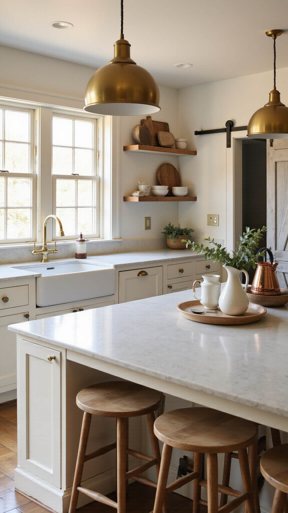 Sun-drenched farmhouse kitchen with cream shaker cabinets, marble island, brass pendants, vintage décor, and a fireclay sink beneath a window at golden hour.