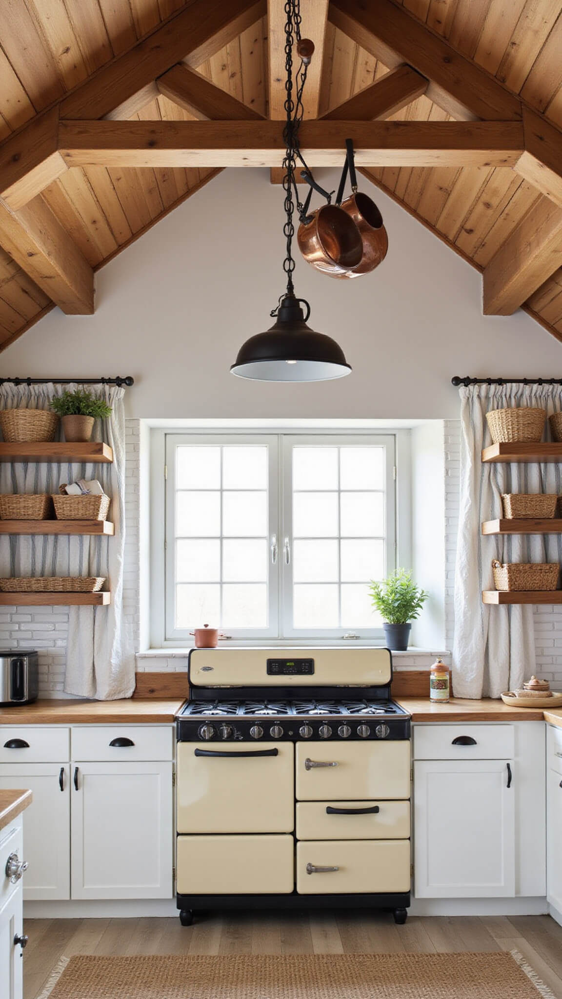 Farmhouse kitchen with vaulted ceiling, exposed beams, vintage cream stove, butcher block counters, white subway tile, copper cookware, and soft morning light through striped cafe curtains.