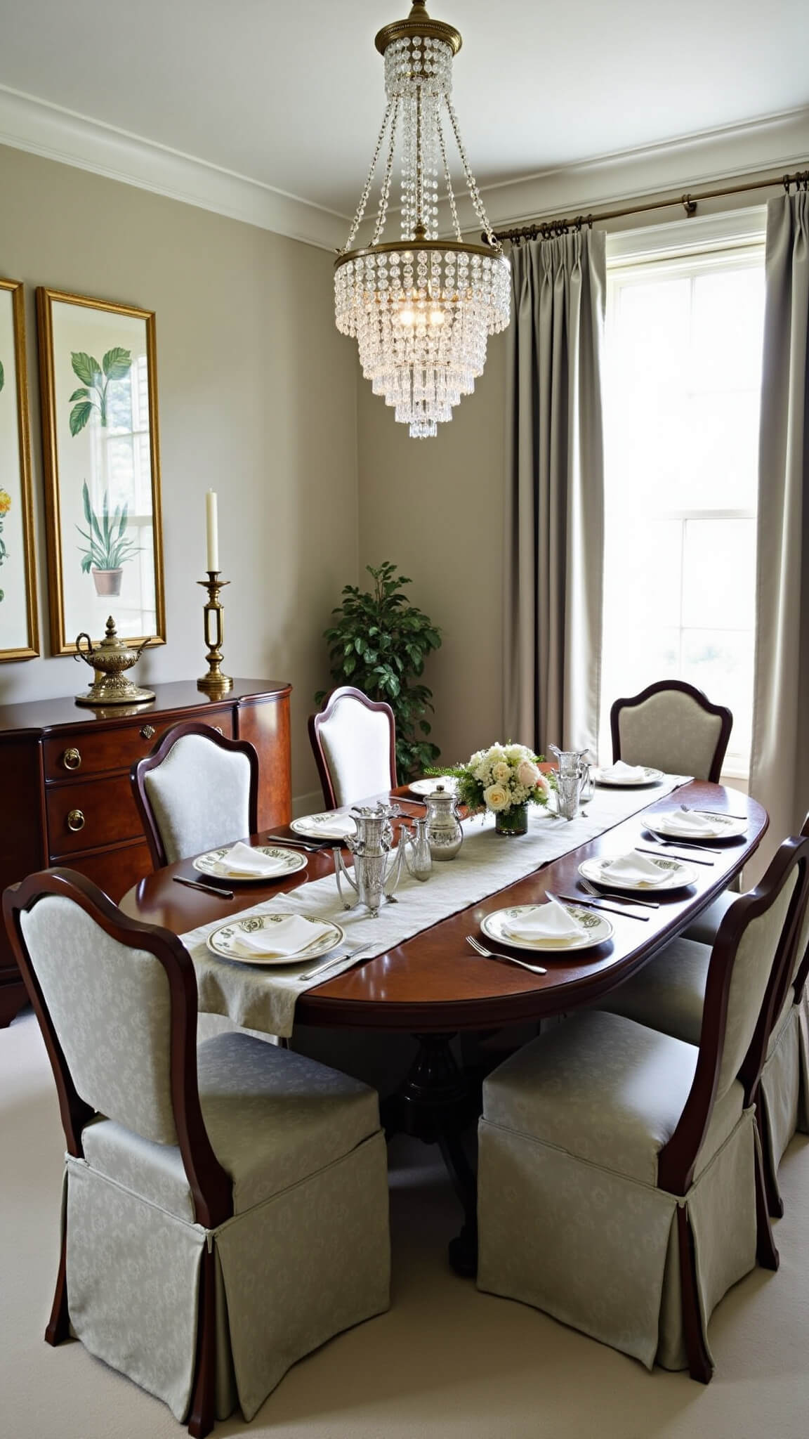 Elegant formal dining room with oval mahogany table, Queen Anne chairs, crystal chandelier, silver tea service, and pearl grey silk drapes, viewed from high corner angle.