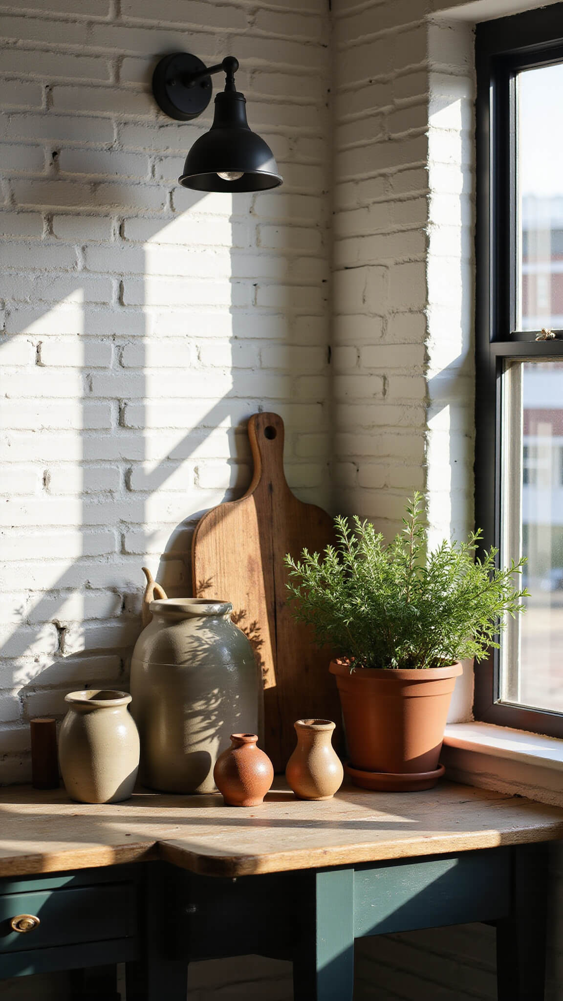 Farmhouse kitchen workspace with vintage cutting boards and earthenware on a weathered wooden table, lit by afternoon sun through a black-framed window.