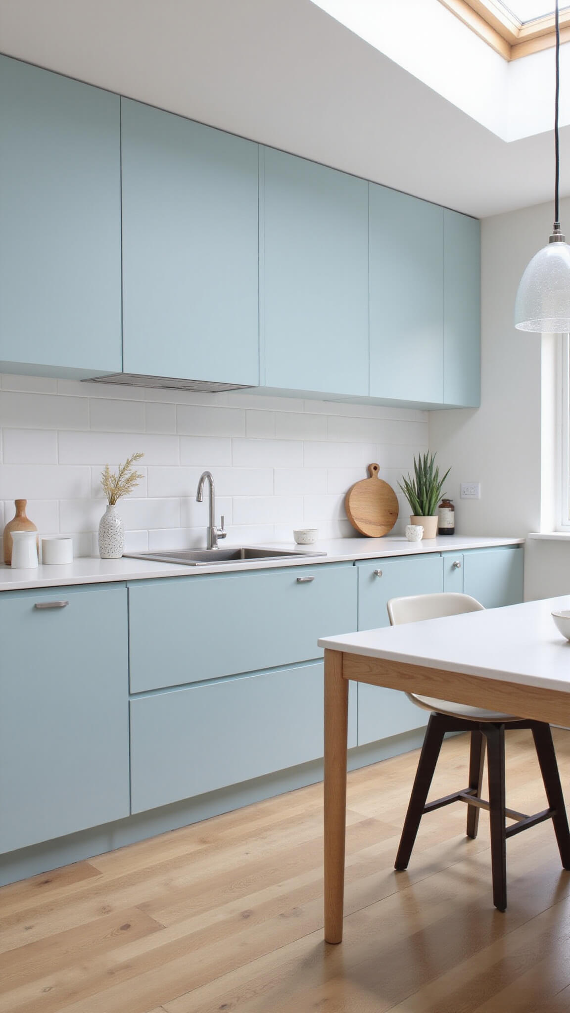 Bird's eye view of a Scandinavian modern 13x15ft kitchen with pale powder blue cabinets, light oak flooring, white Corian counters, and minimalist white tile backsplash, bathed in natural daylight from a skylight.