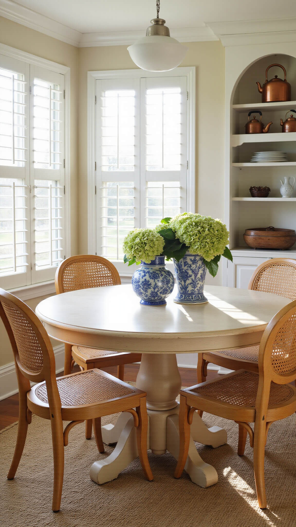 Bright morning light fills a 16x18ft breakfast nook with a bay window, white shutters, round oak table, cane-backed chairs, blue and white vases of hydrangeas, sisal rug, and vintage copper kettles on open shelves.
