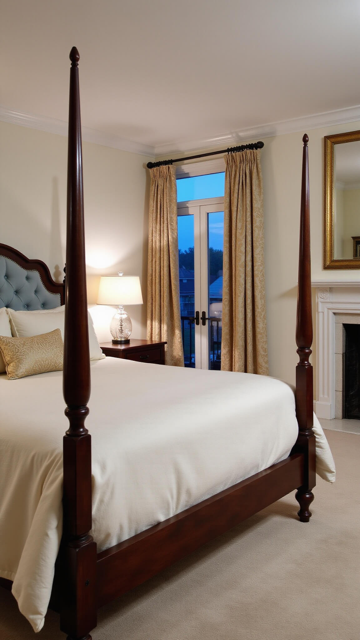 Elegant twilight master bedroom with dark walnut four-poster bed, ivory silk bedding, pale blue tufted headboard, champagne damask curtains, mercury glass lamps, antique mirror above fireplace, and French doors to balcony.